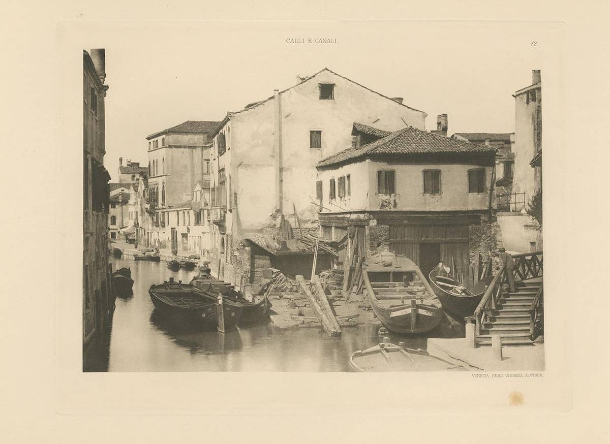 Pl. 12 Antique Print of a Boatbuilding yard on the Bottesela Canal, circa 1890