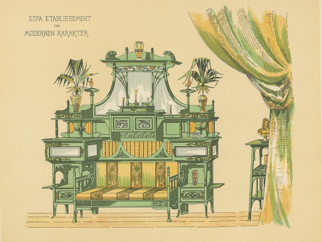 Antique print titled 'Sofa Etablissement im modernen Karakter'. Lithograph of a sofa and furniture This print originates from 'Det Moderna Hemmet' by Johannes Kramer. Published by Ferdinand Hey'l, circa 1910.