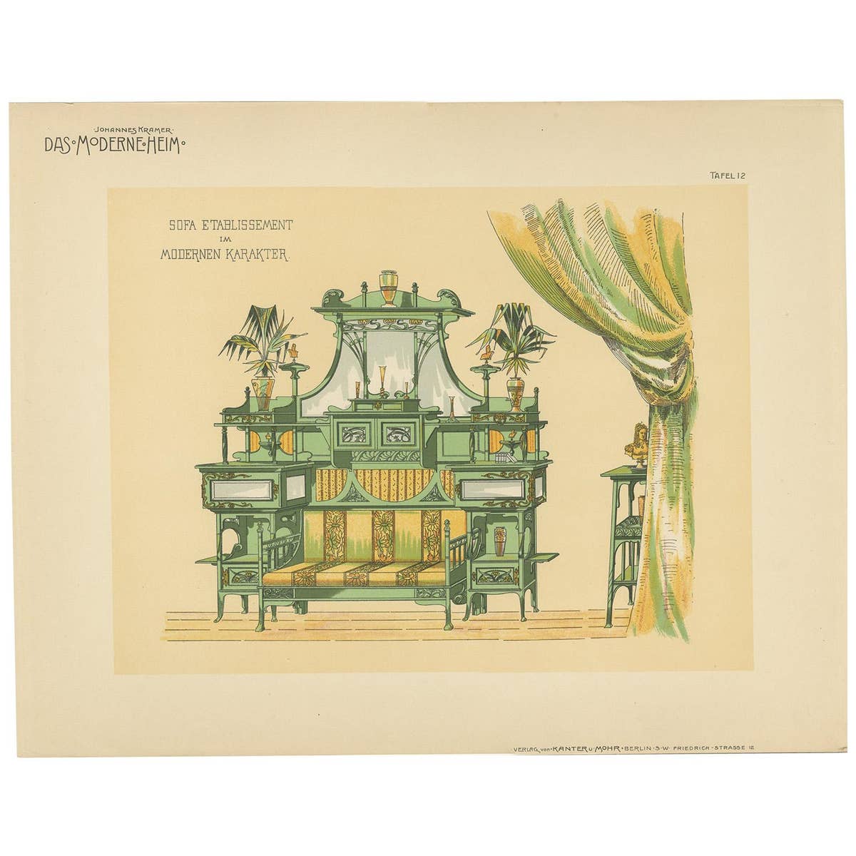 Pl. 12 Antique Print of a Sofa and Furniture by Kramer, circa 1910