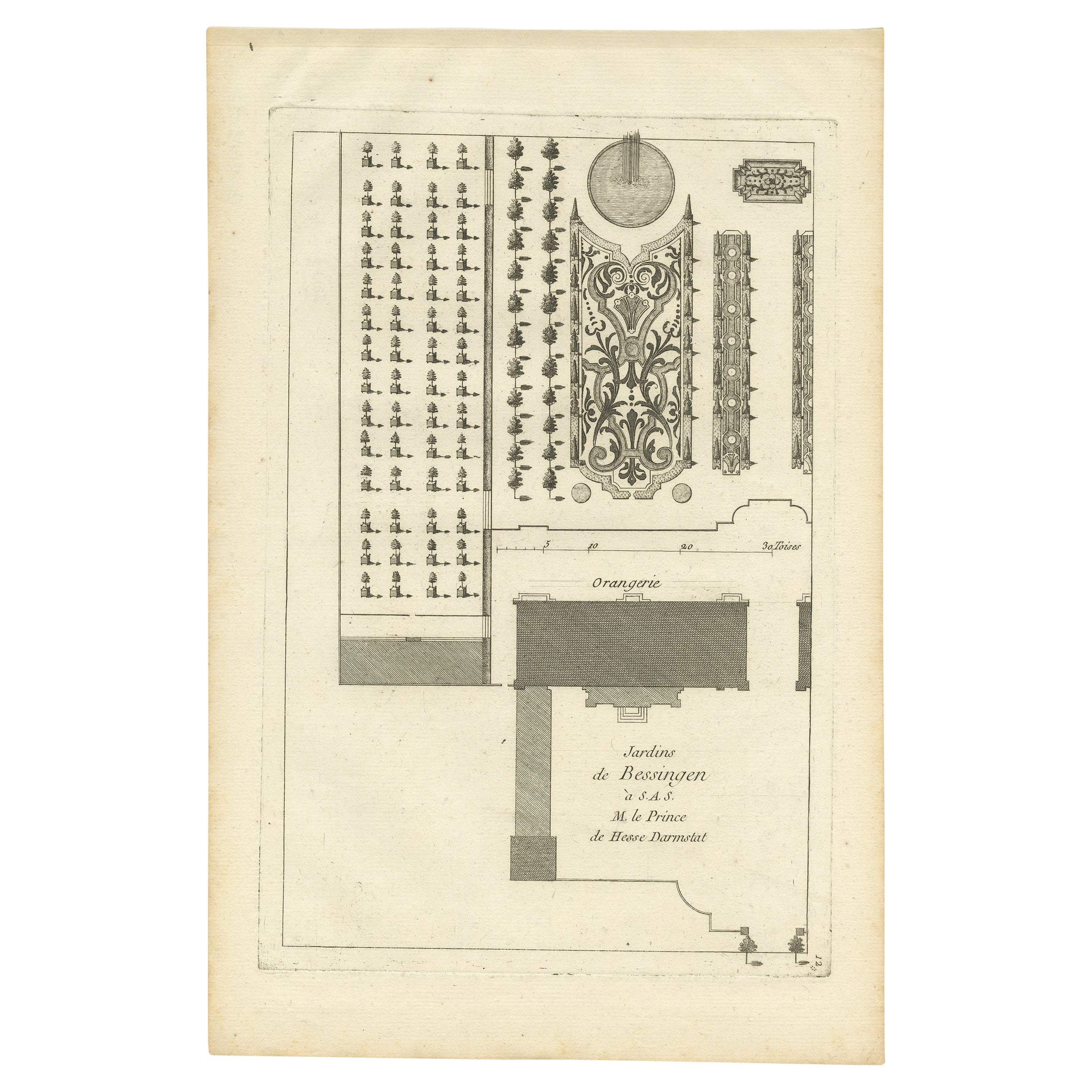 Impression ancienne d'un plan d'orangerie et de jardin Pl. 12 par Le Rouge, vers 1785