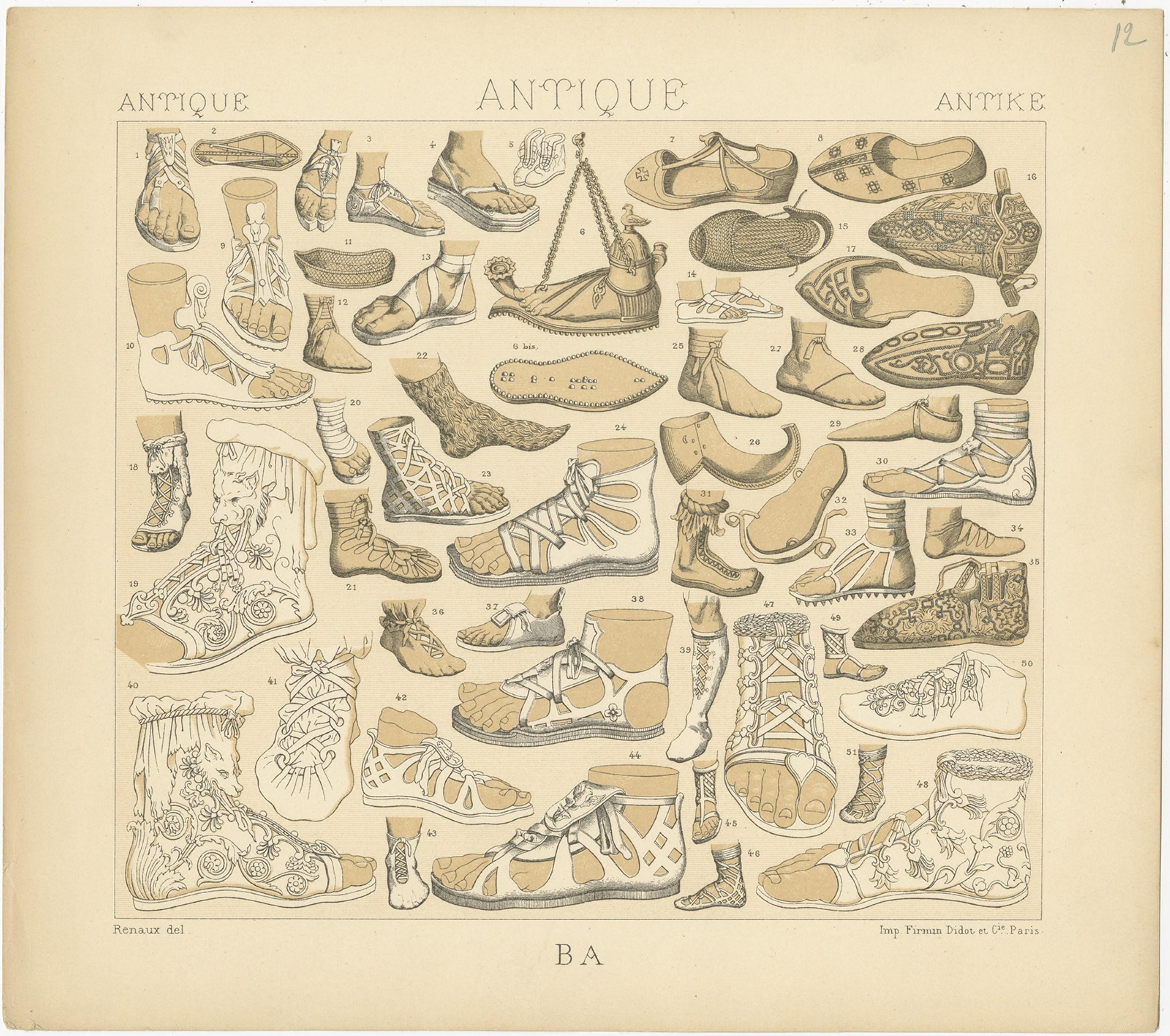 Pl. 12 Antique Print of Antique Footwear by Racinet, 'circa 1880' In Good Condition In Langweer, NL