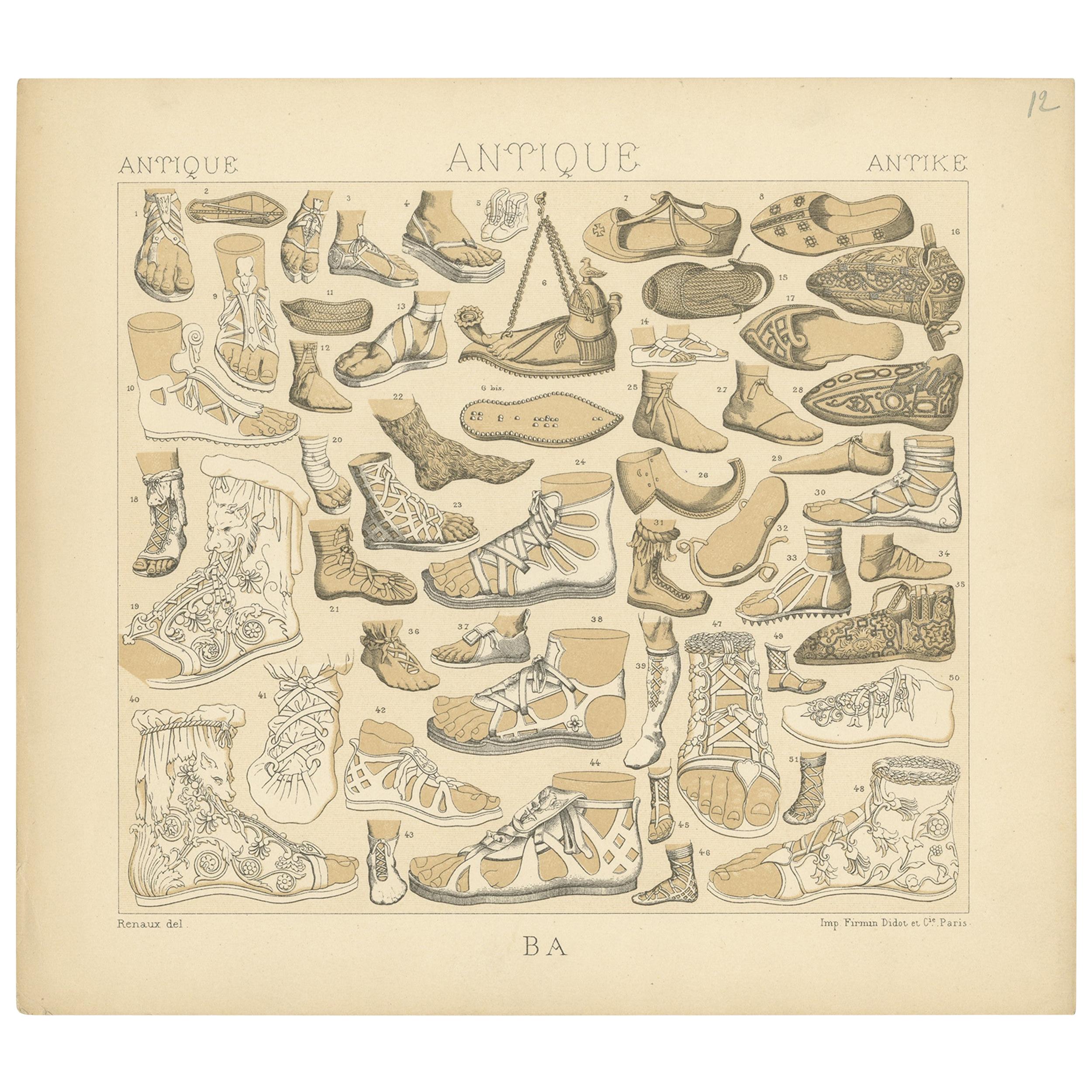 Pl. 12 Antique Print of Antique Footwear by Racinet, 'circa 1880'