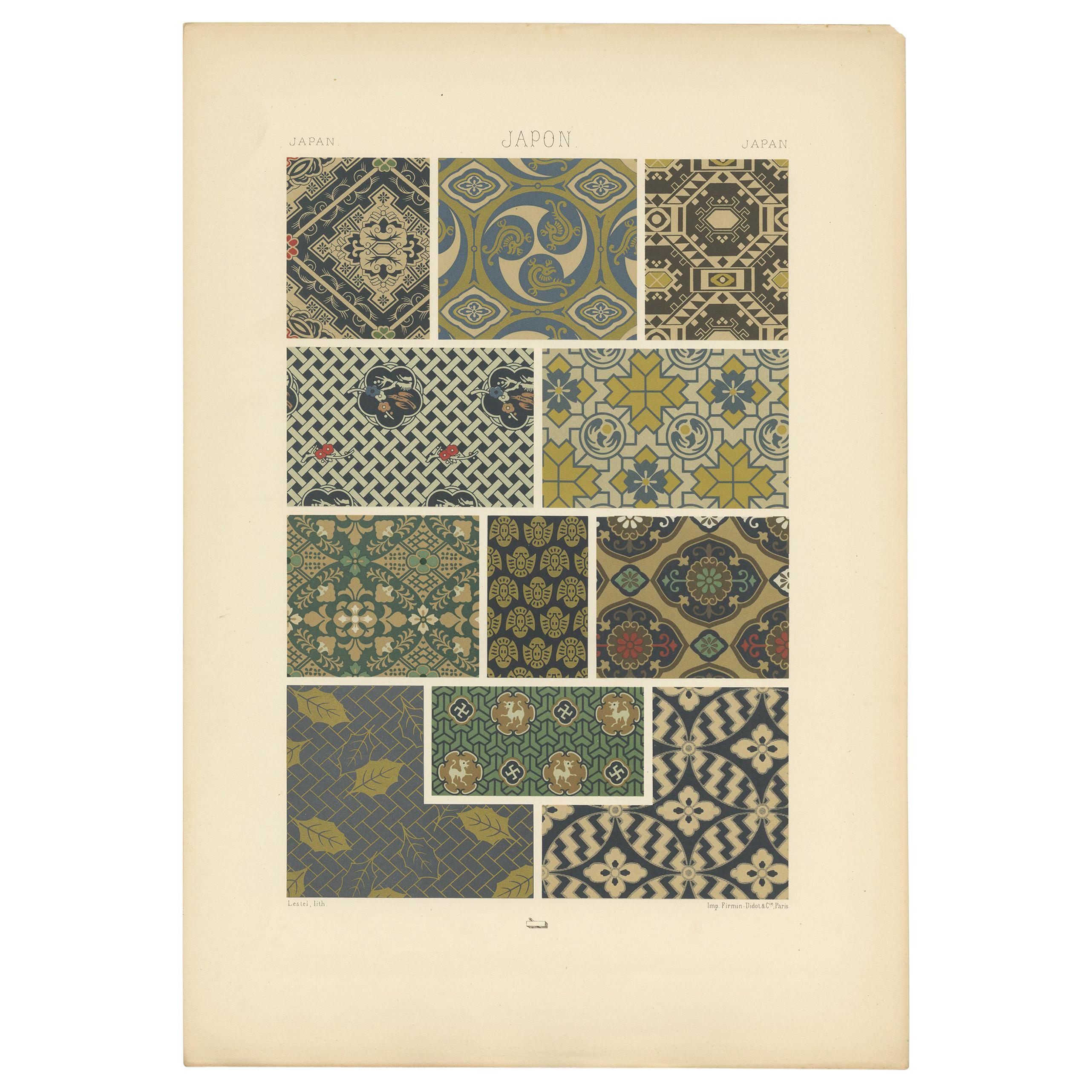 Pl. 12 Impression ancienne de motifs et d'ornements de textiles japonais par Racinet en vente