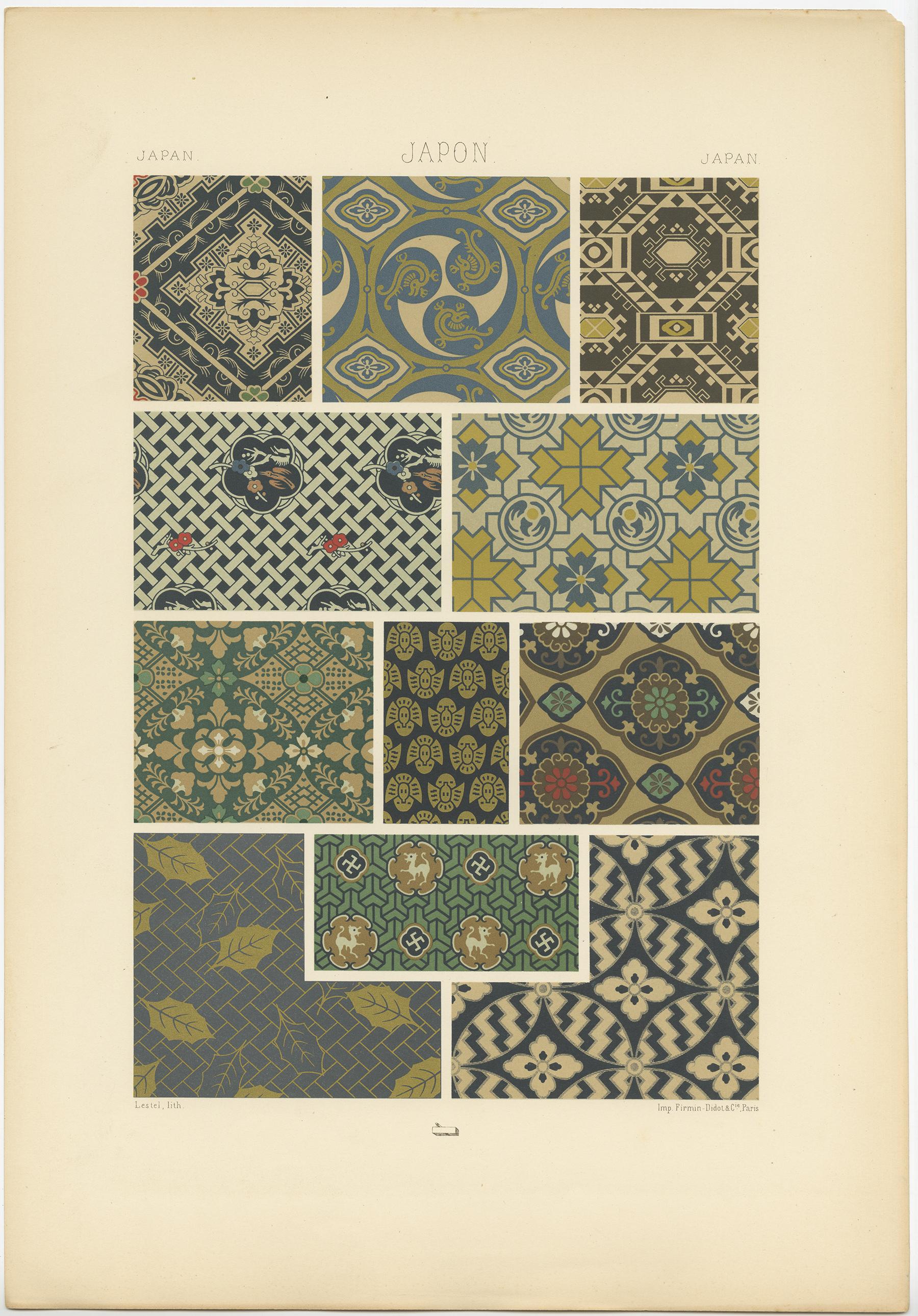 Antique print titled 'Japanese - Japonais - Japonesisch'. Chromolithograph of Japanese motifs & textiles ornaments. This print originates from 'l'Ornement Polychrome' by Auguste Racinet. Published circa 1890.