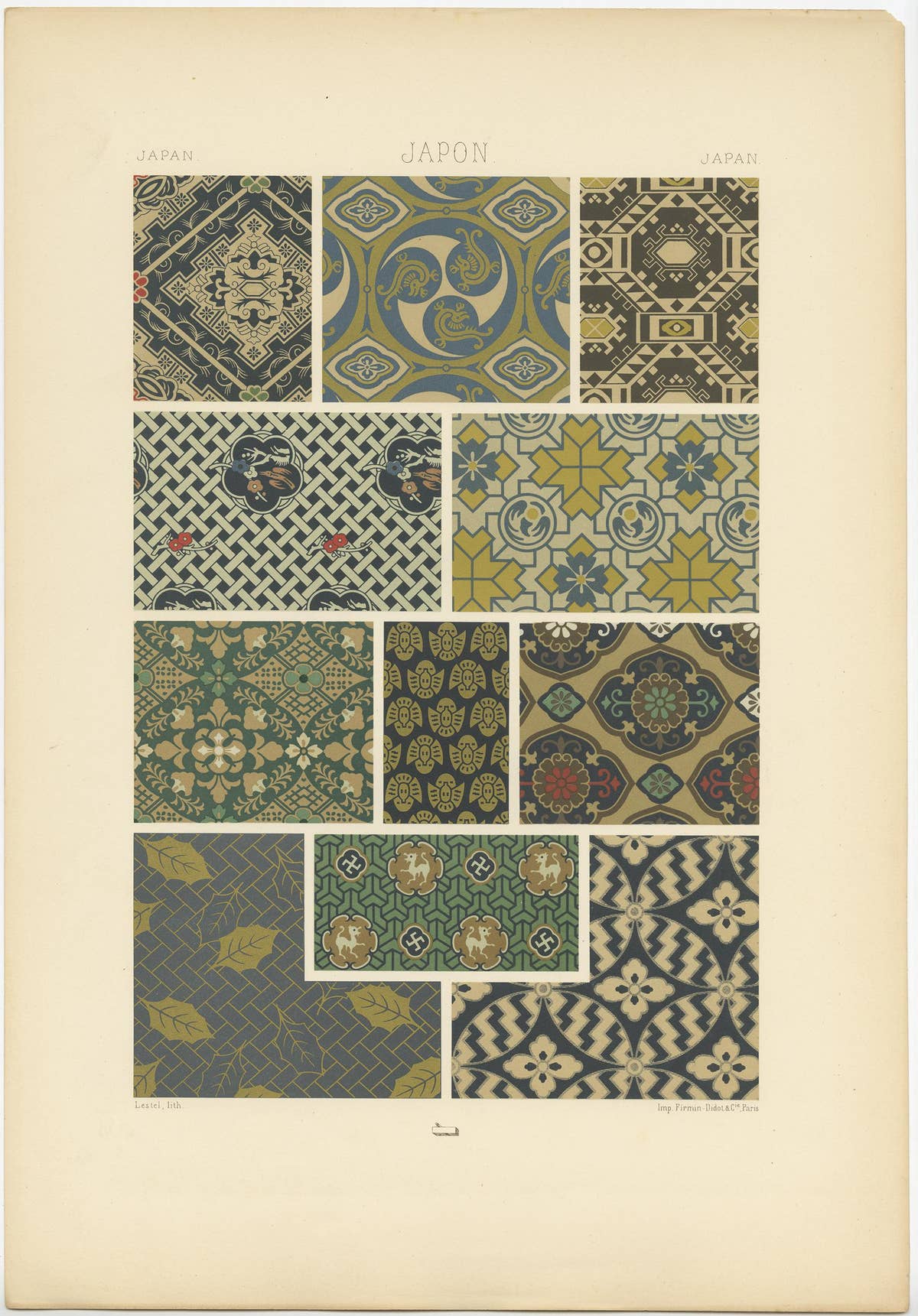 Pl. 12 Antique Print of Japanese Motifs and Textiles Ornaments by Racinet