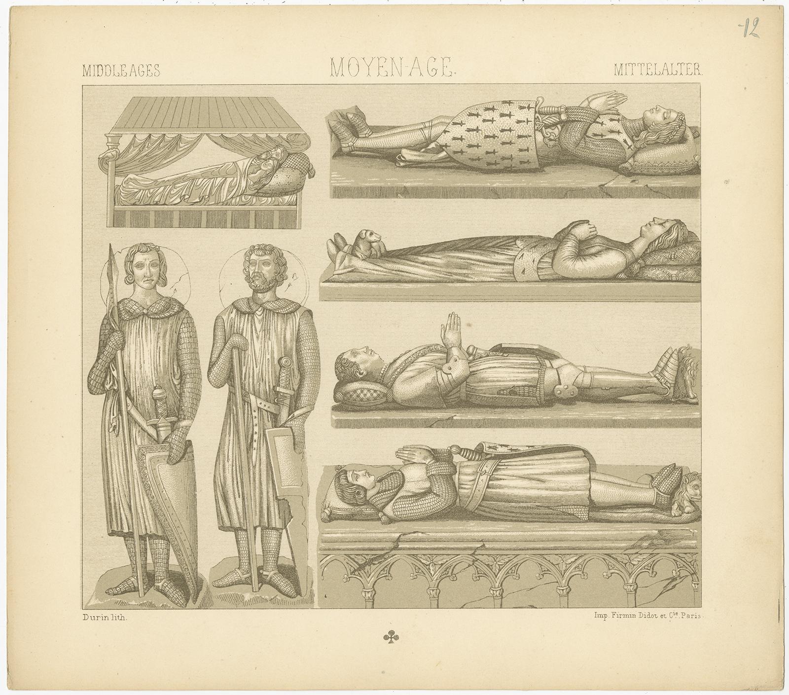 19th Century Pl. 12 Antique Print of Middle Ages Statues Objects by Racinet, circa 1880 For Sale
