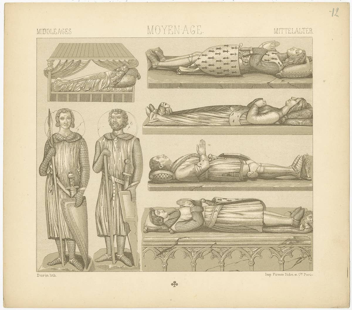 Pl. 12 Antique Print of Middle Ages Statues Objects by Racinet, circa 1880