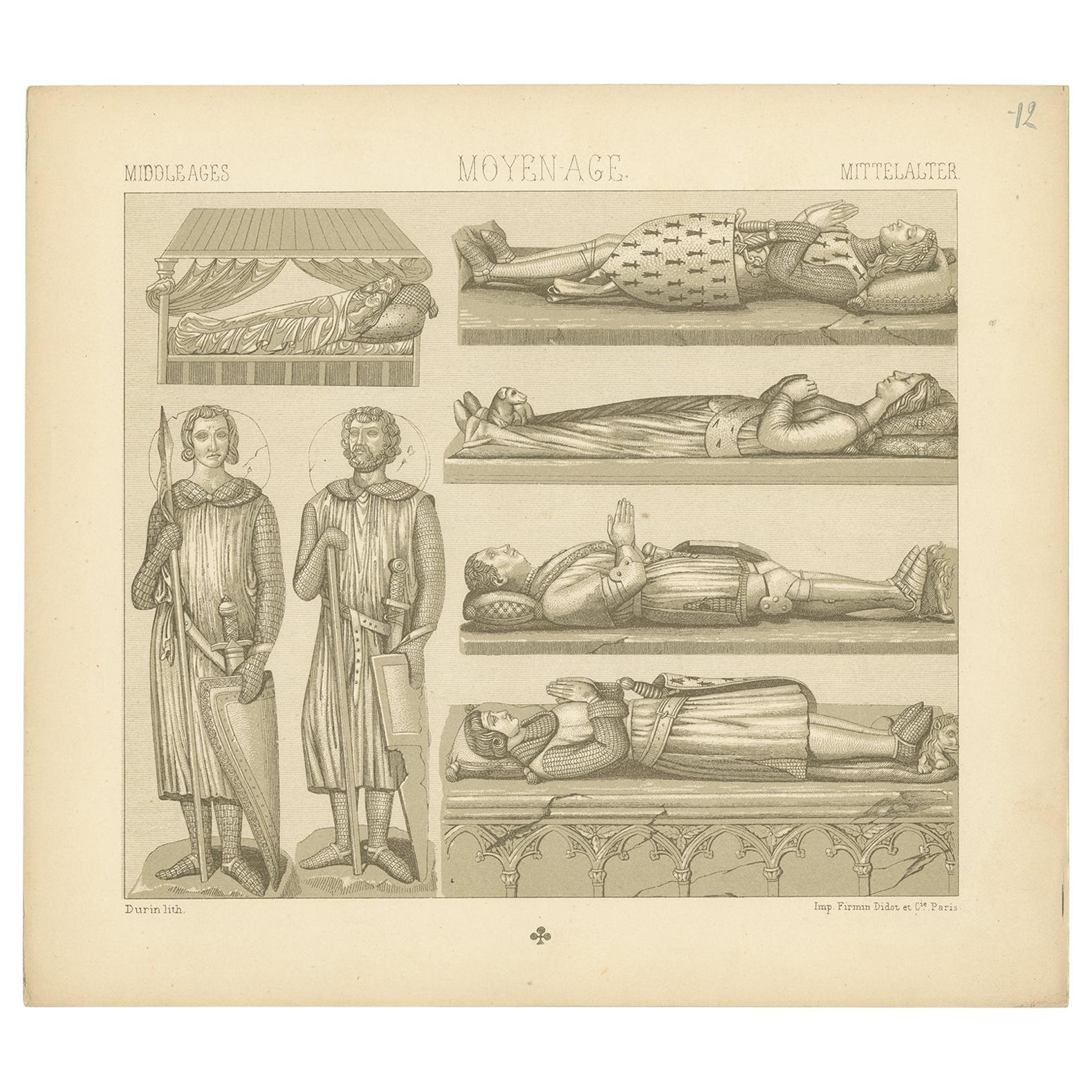 Pl. 12 Antique Print of Middle Ages Statues Objects by Racinet, circa 1880 For Sale
