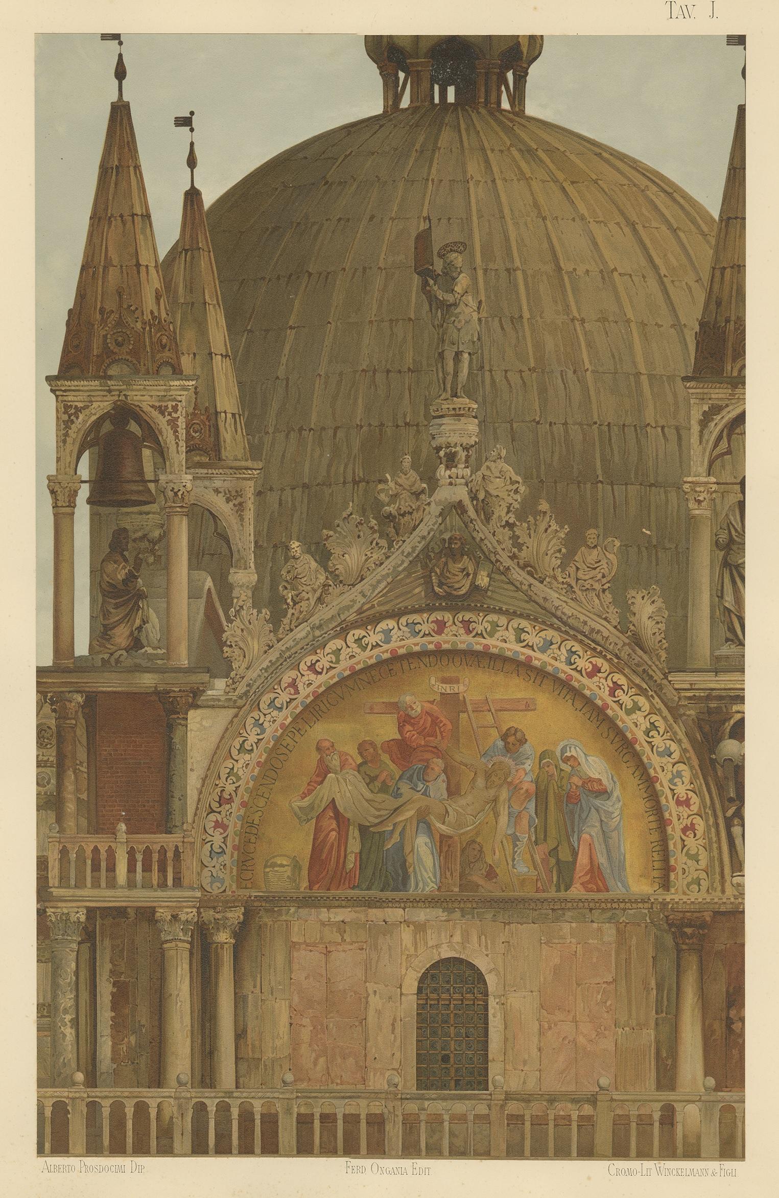 A large chromolithograph of the portal of Sant'Alipio, focusing on the upper part of the Basilica of San Marco in Venice, from Ferdinando Ongania's 