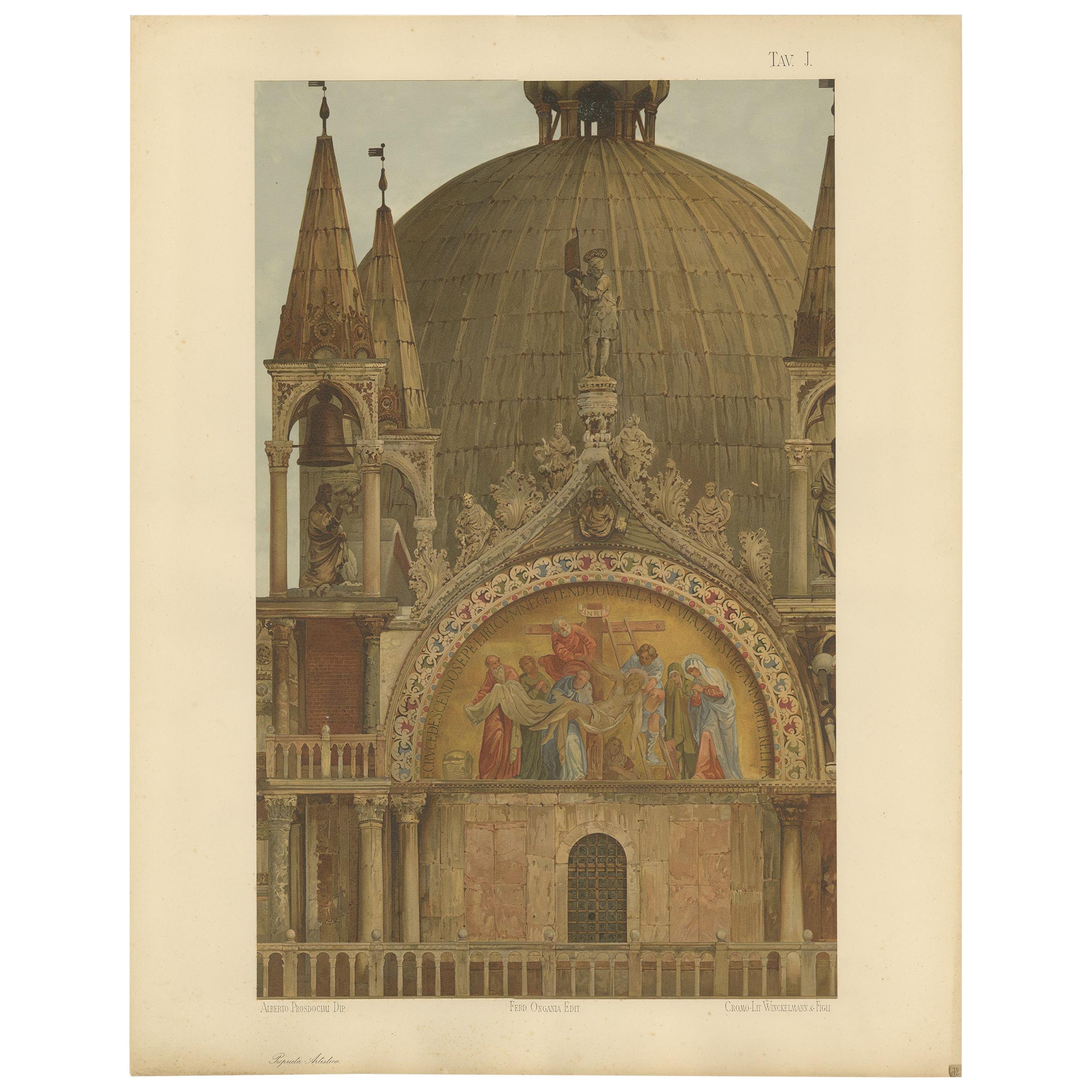 Antique Print of the Portal of Sant'Alipio of the Basilica of San Marco, 1881