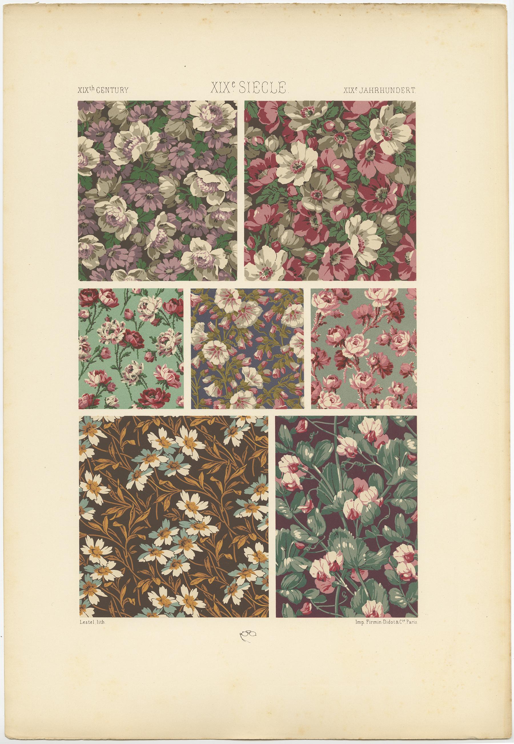 Antique print titled '19th Century - XIXc Siècle -XIXles Jahrhundert'. Chromolithograph of floral designs from printed fabrics ornaments. This print originates from 'l'Ornement Polychrome' by Auguste Racinet. Published circa 1890.