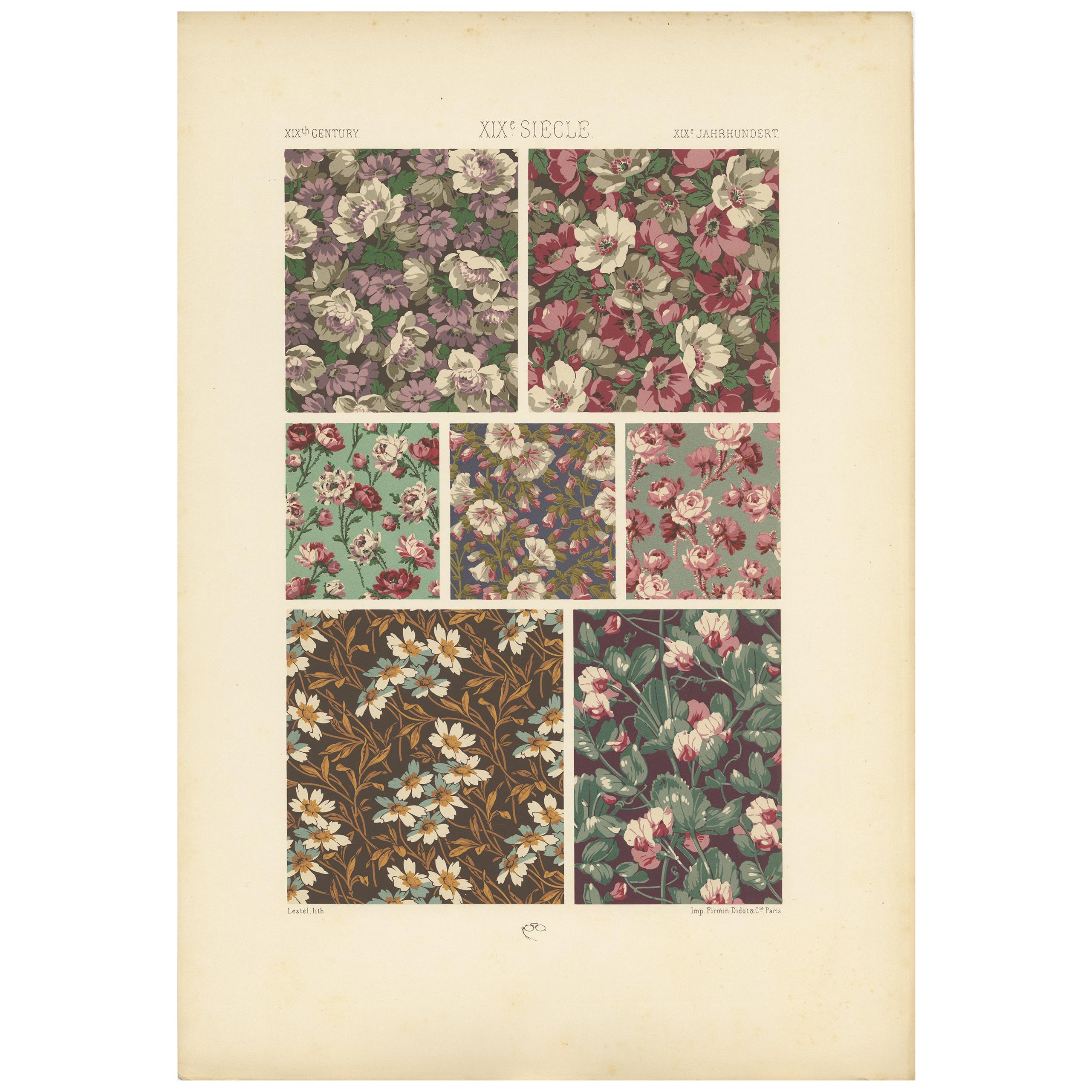 Impression ancienne Pl. 120 de motifs floraux du XIXe siècle par Racinet, datant d'environ 1890
