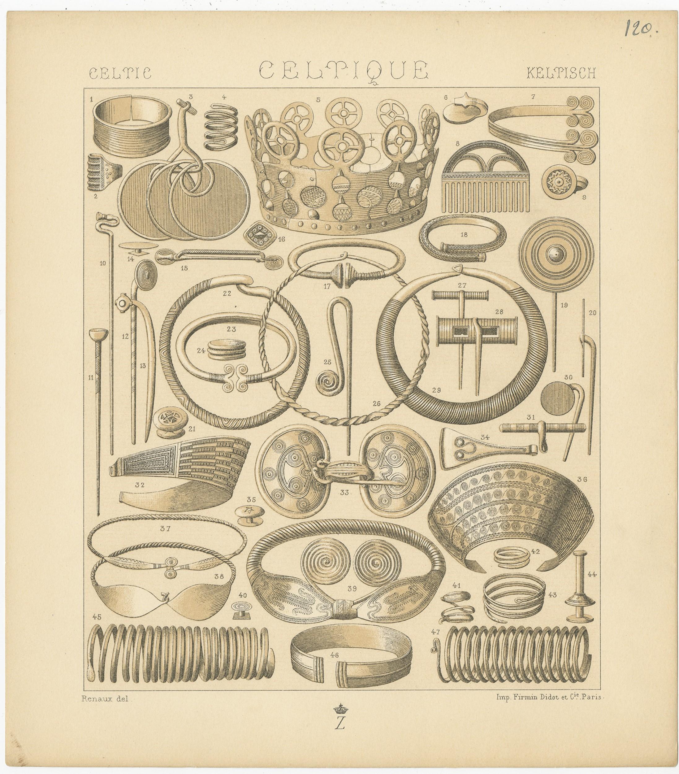 19th Century Pl. 120 Antique Print of Celtic-Scandinavian Jewelry of Racinet, 'circa 1880' For Sale