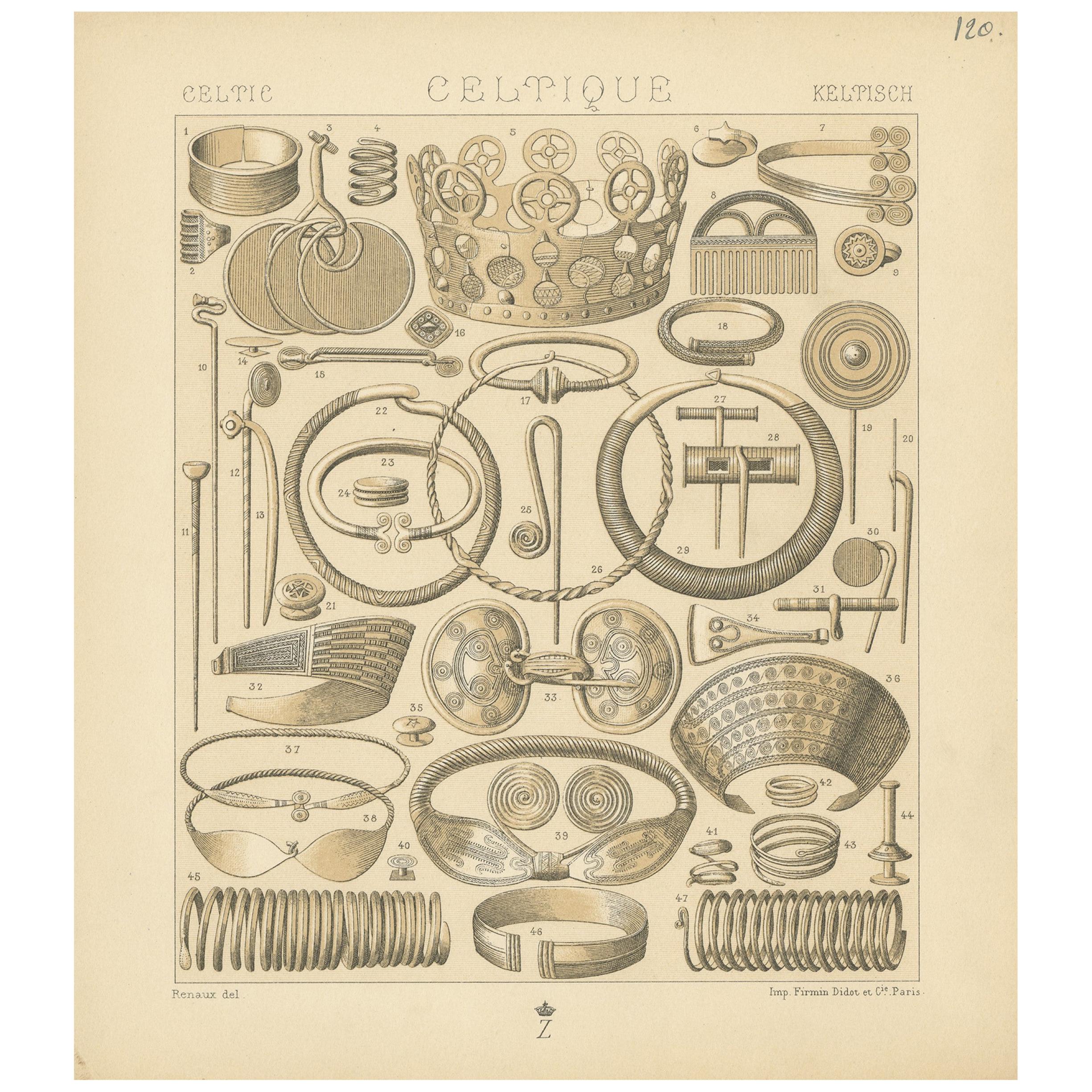 Pl. 120 Antique Print of Celtic-Scandinavian Jewelry of Racinet, 'circa 1880' For Sale