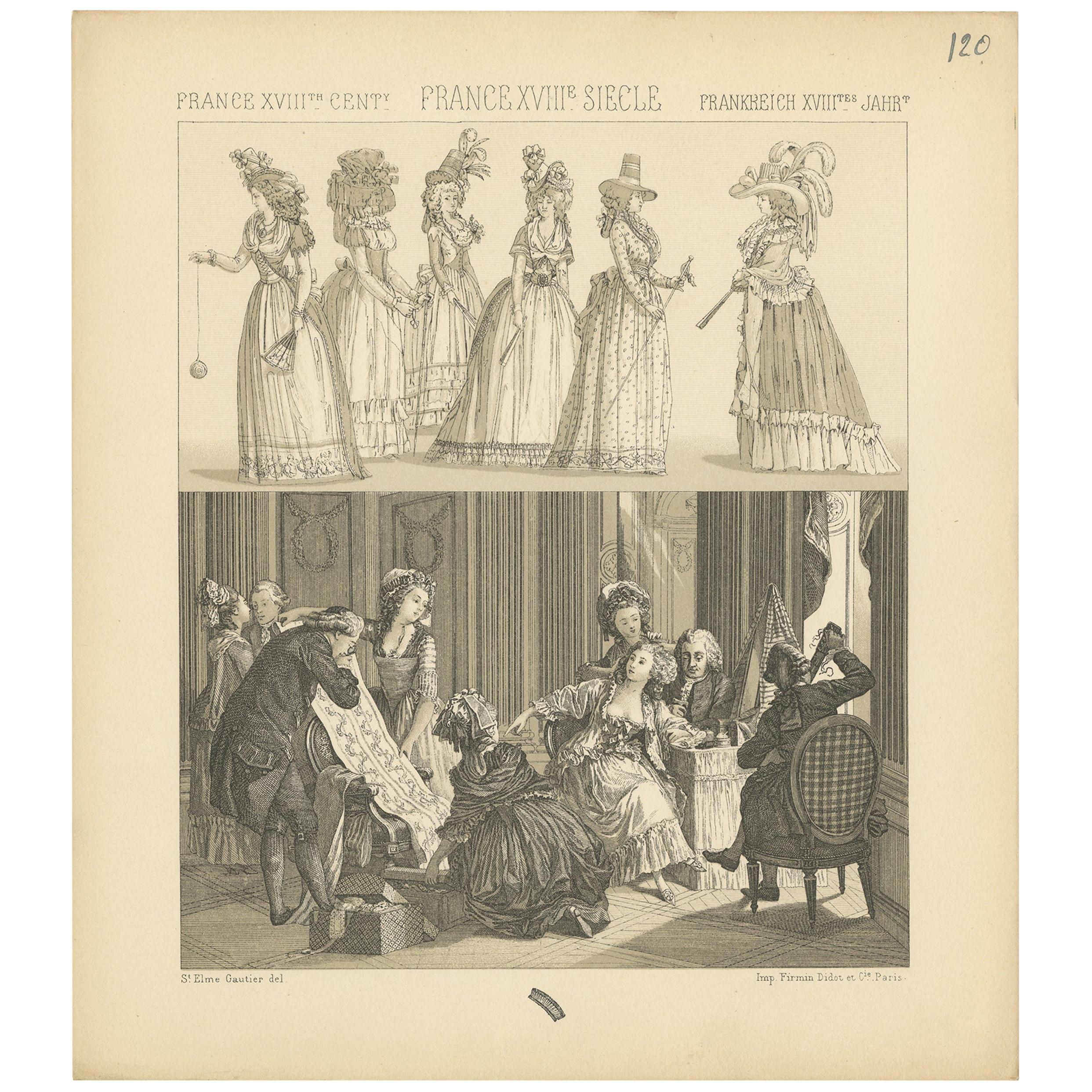 Pl. 120 Antique Print of French 18th Century Dresses by Racinet, 'circa 1880' For Sale