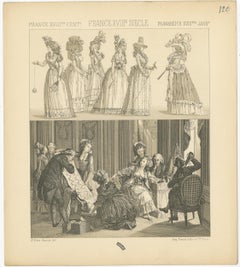 Pl. 120 Gravure ancienne de robes françaises du 18e siècle par Racinet, 'circa 1880'