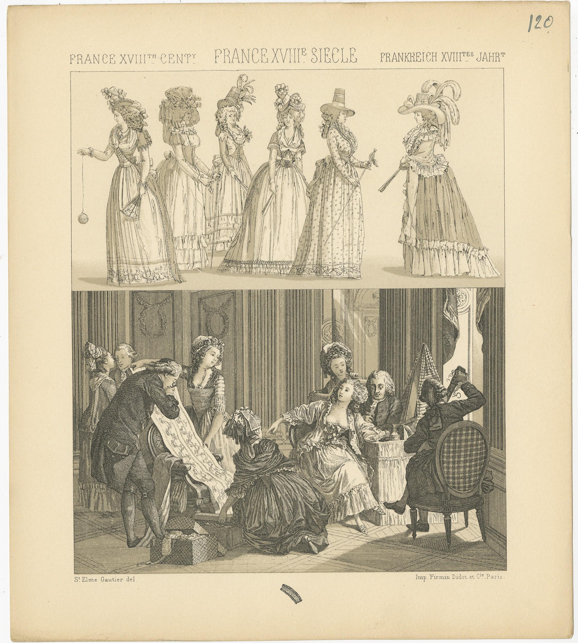 Pl. 120 Antique Print of French 18th Century Dresses by Racinet, 'circa 1880' In Good Condition For Sale In Langweer, NL