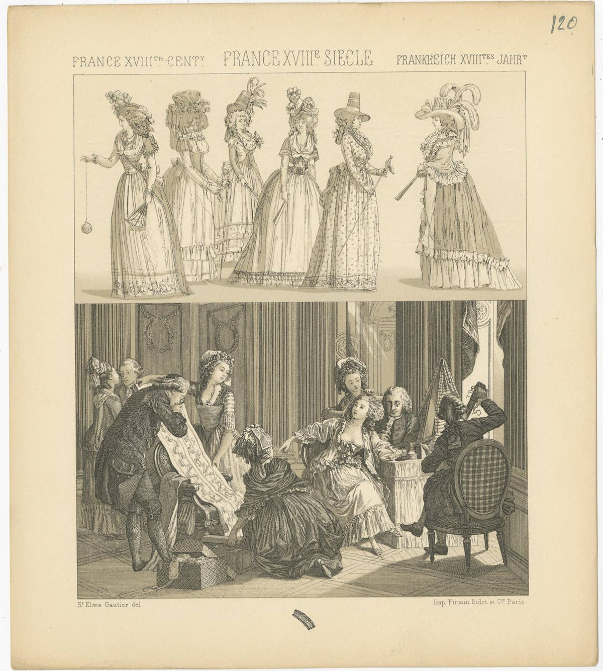 Pl. 120 Antique Print of French 18th Century Dresses by Racinet, 'circa 1880'