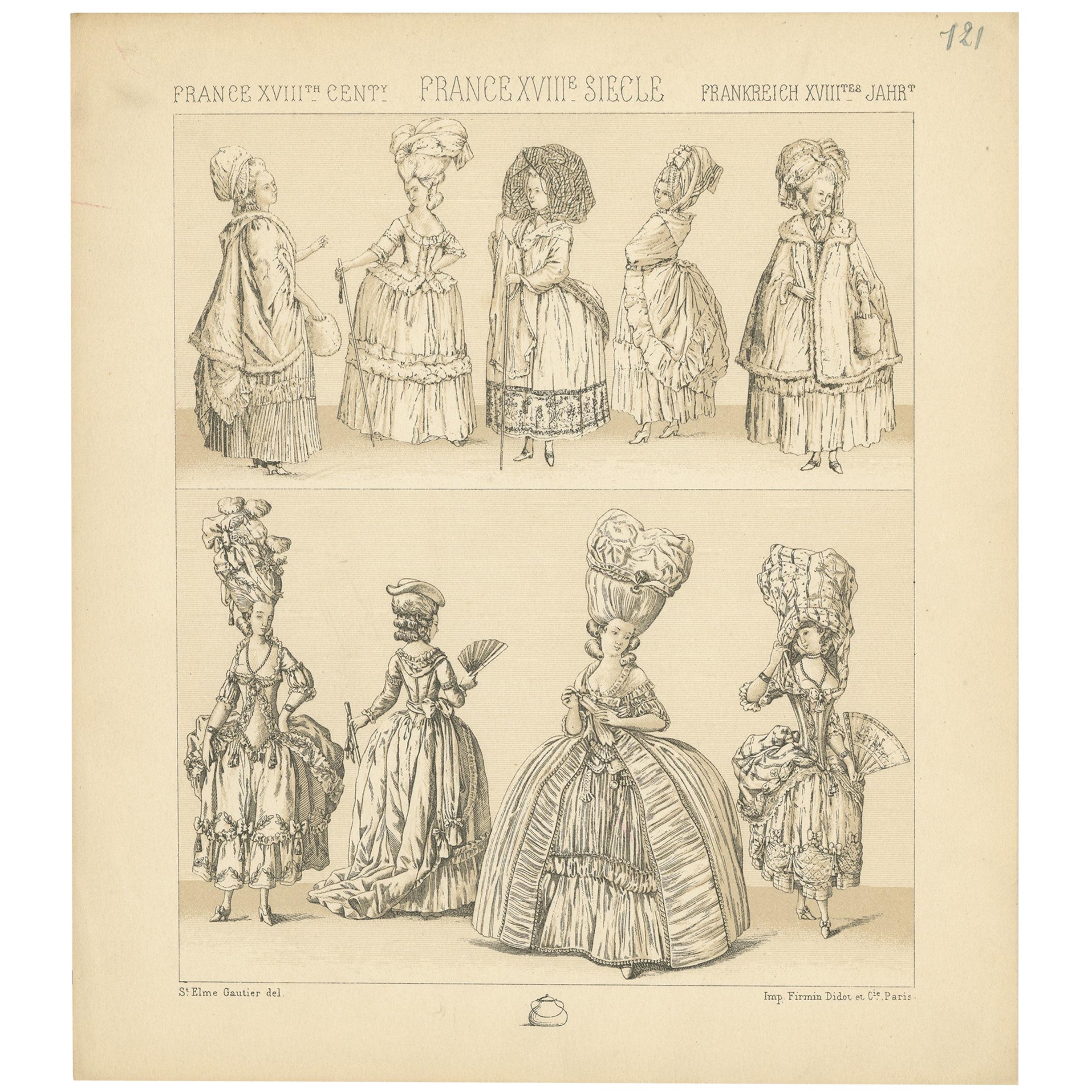 Pl. 121 Antique Print of French 18th Century Dresses by Racinet 