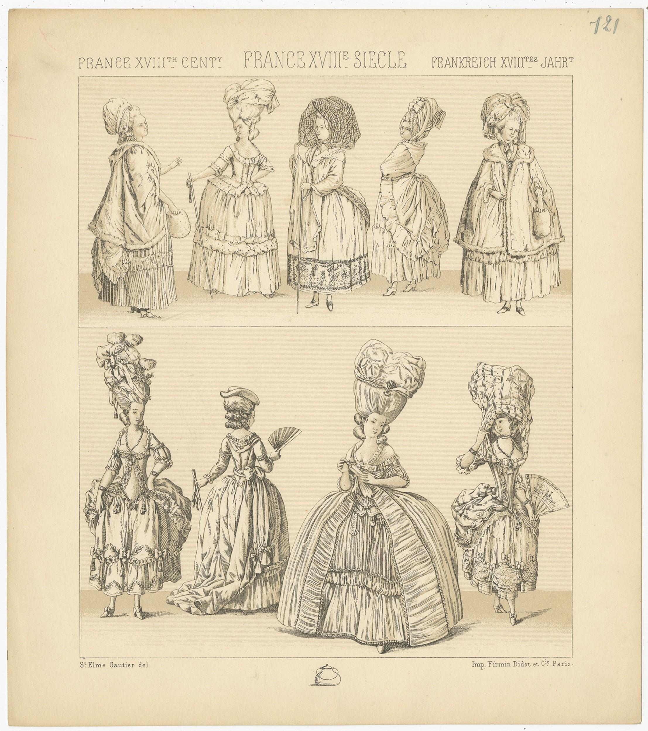 Antique print titled 'France XVIIIth Cent - France XVIIIe, Siecle - Frankreich XVIIItes Jahr'. Chromolithograph of French 18th century dresses. This print originates from 'Le Costume Historique' by M.A. Racinet. Published, circa 1880.

  