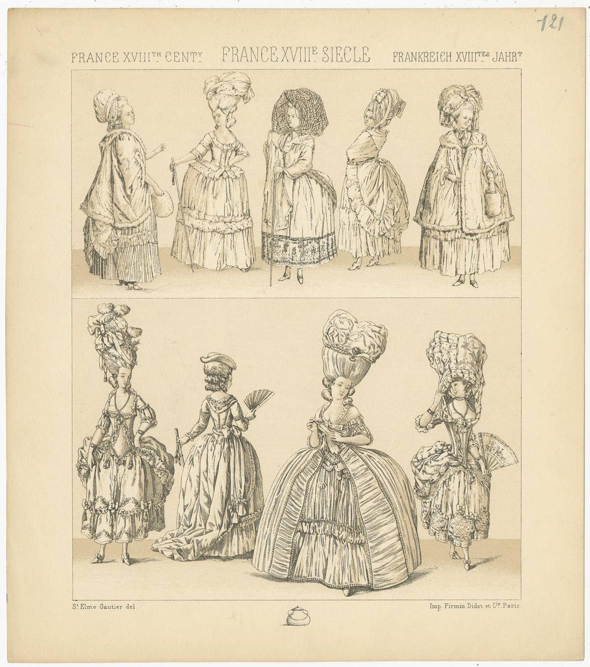 Pl. 121 Antique Print of French 18th Century Dresses by Racinet, 'circa 1880'