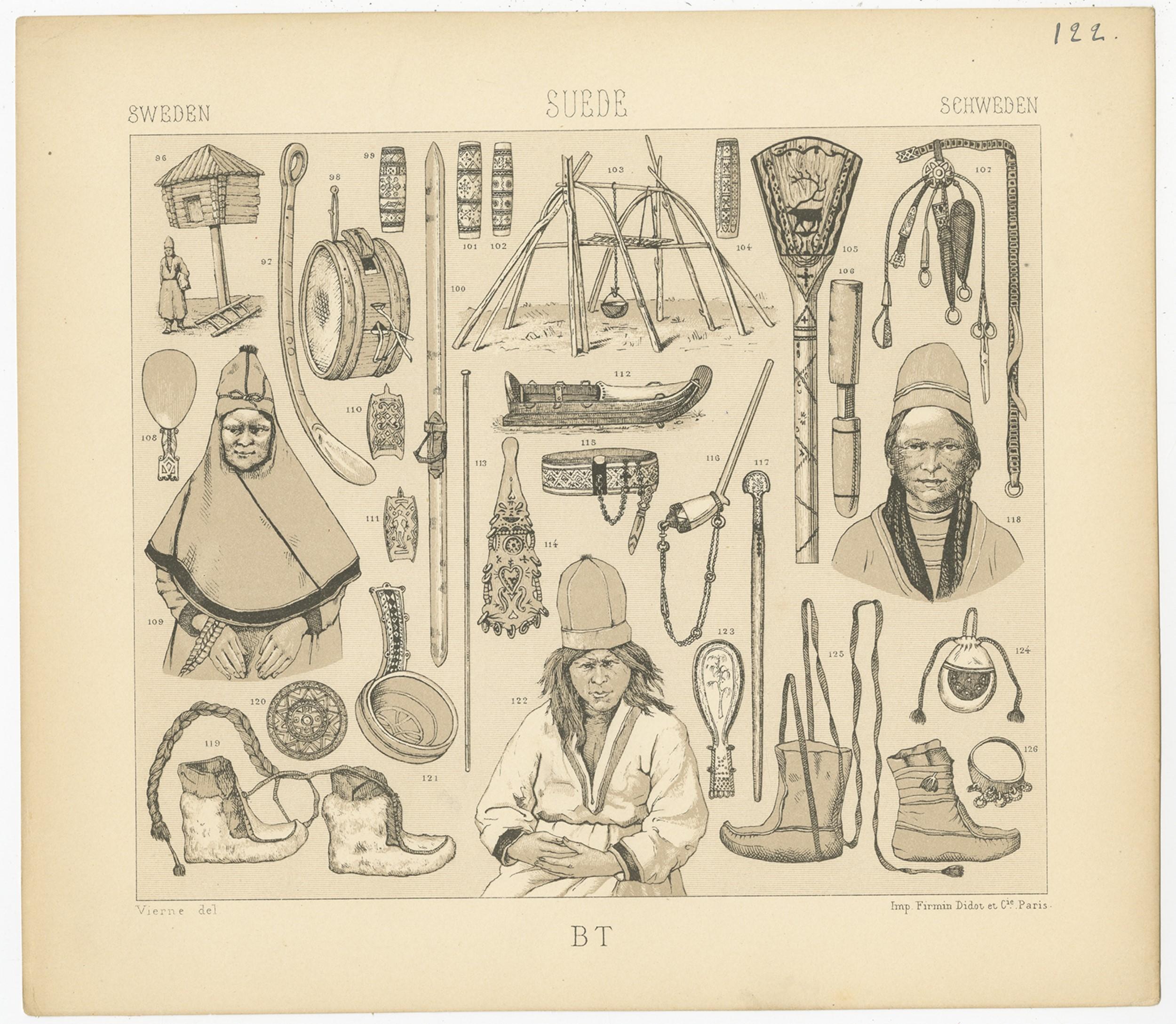 Antique print titled 'Sweden - Suede - Schweden'. Chromolithograph of Swedish Tools. This print originates from 'Le Costume Historique' by M.A. Racinet. Published, circa 1880.