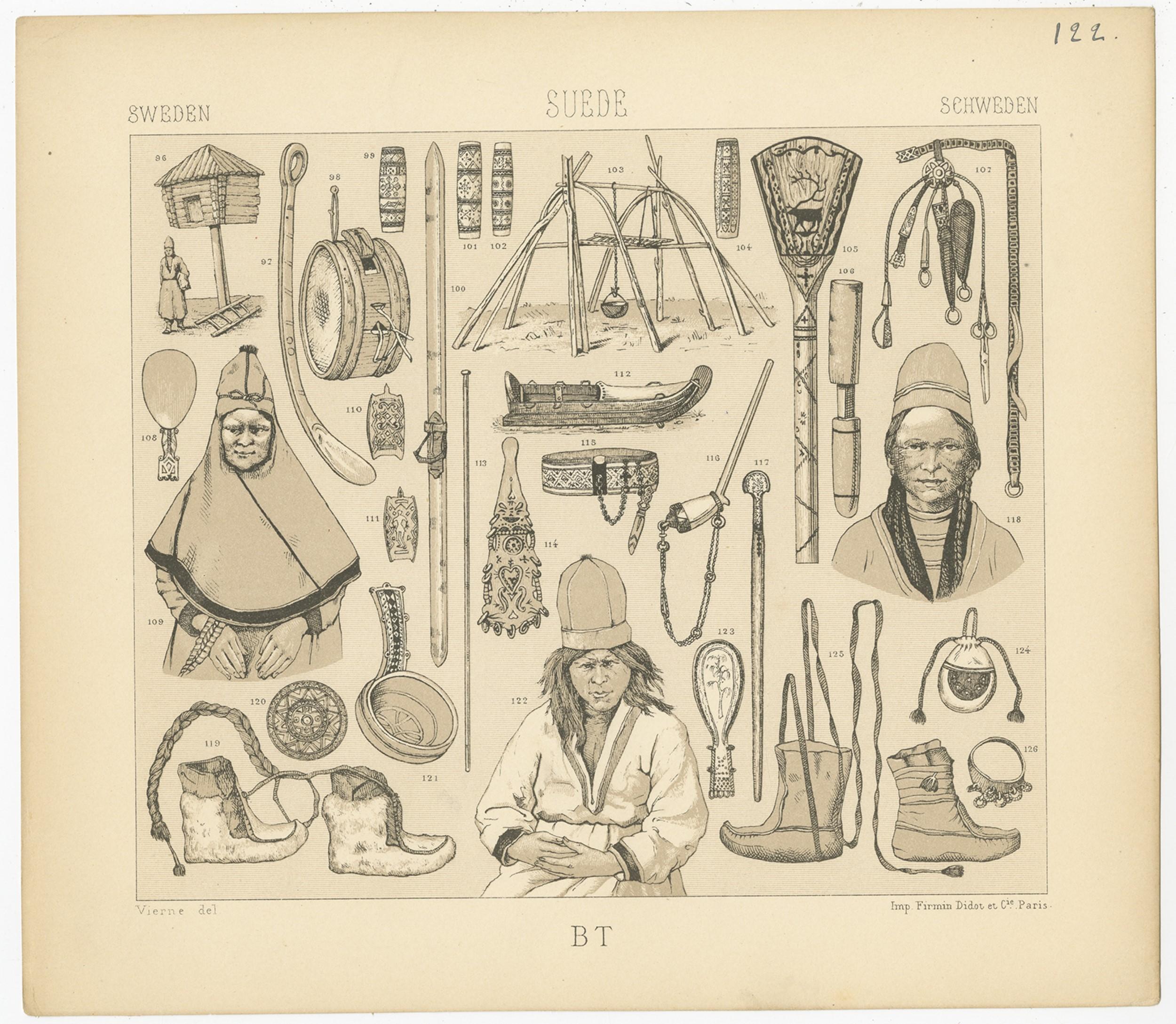 Pl. 122  Impression ancienne d'outils de raquette suédois, vers 1880 Bon état - En vente à Langweer, NL