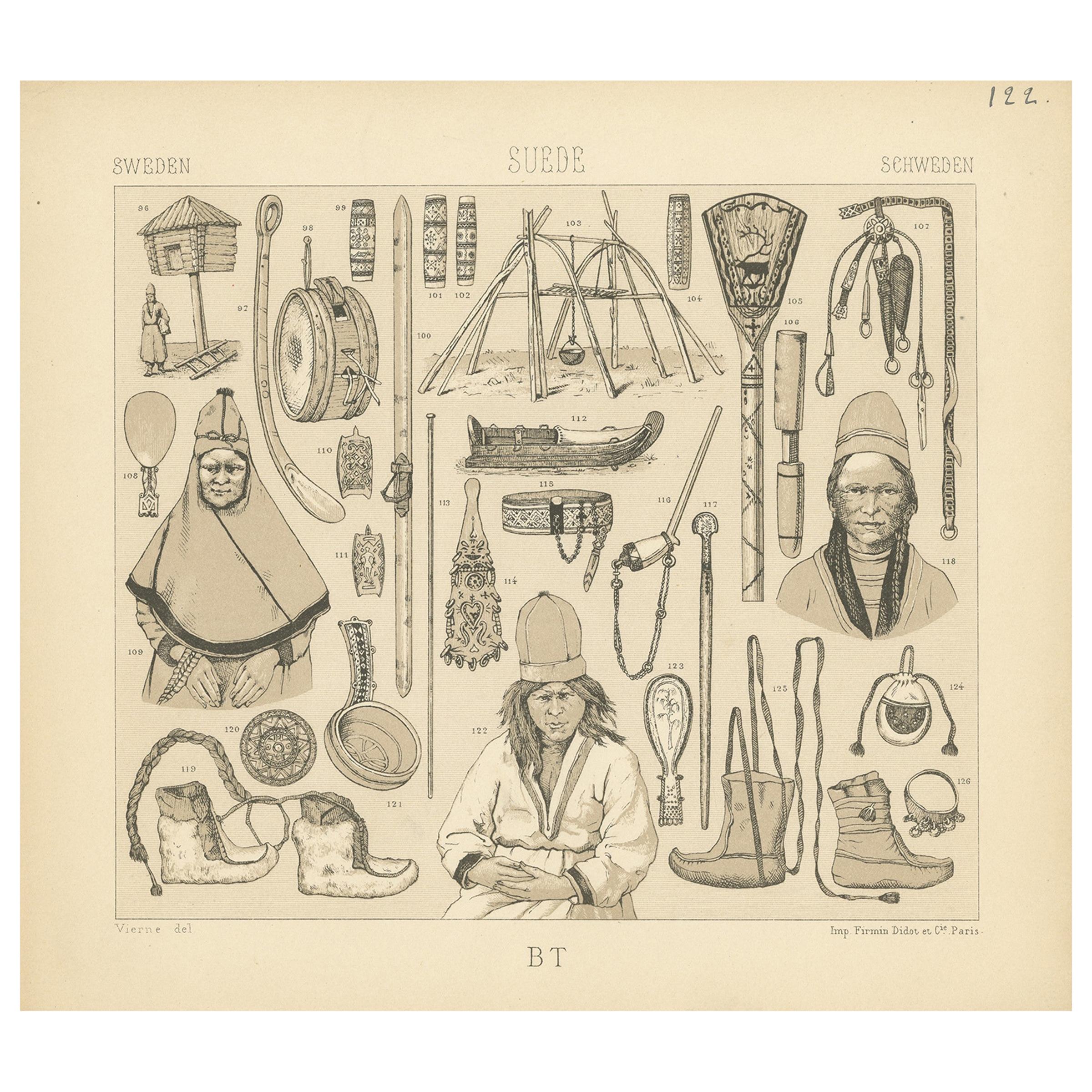 Pl. 122  Antique Print of Swedish Tools of Racinet, 'circa 1880' For Sale