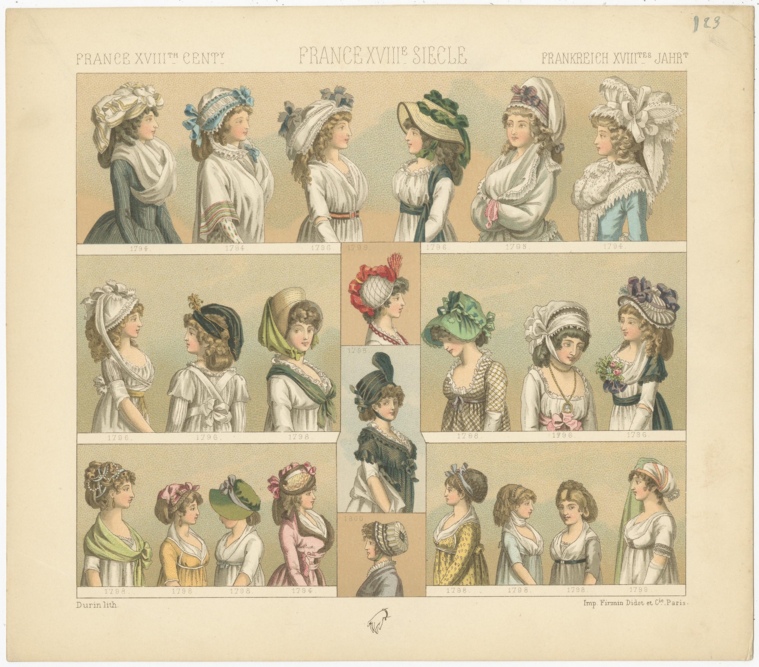 Antique print titled 'France XVIIIth Cent - France XVIIIe, Siecle - Frankreich XVIIItes Jahr'. Chromolithograph of French 18th century women's costumes. This print originates from 'Le Costume Historique' by M.A. Racinet. Published, circa 1880.
 
  