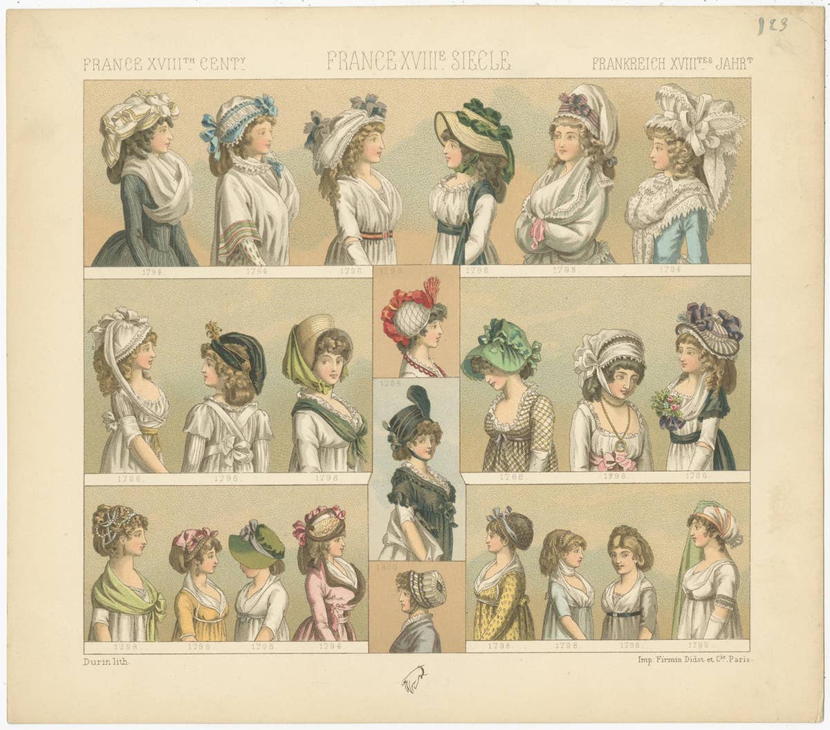 Pl 123 Antique Print of French 18th Century Women's Costumes by Racinet