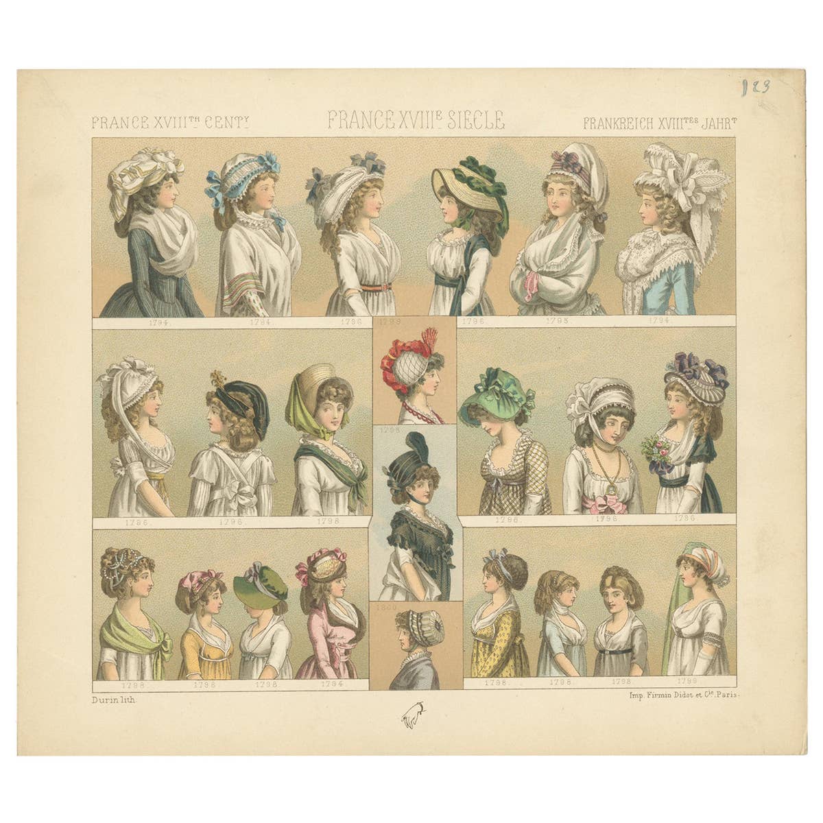 Pl 123 Antique Print of French 18th Century Women's Costumes by Racinet