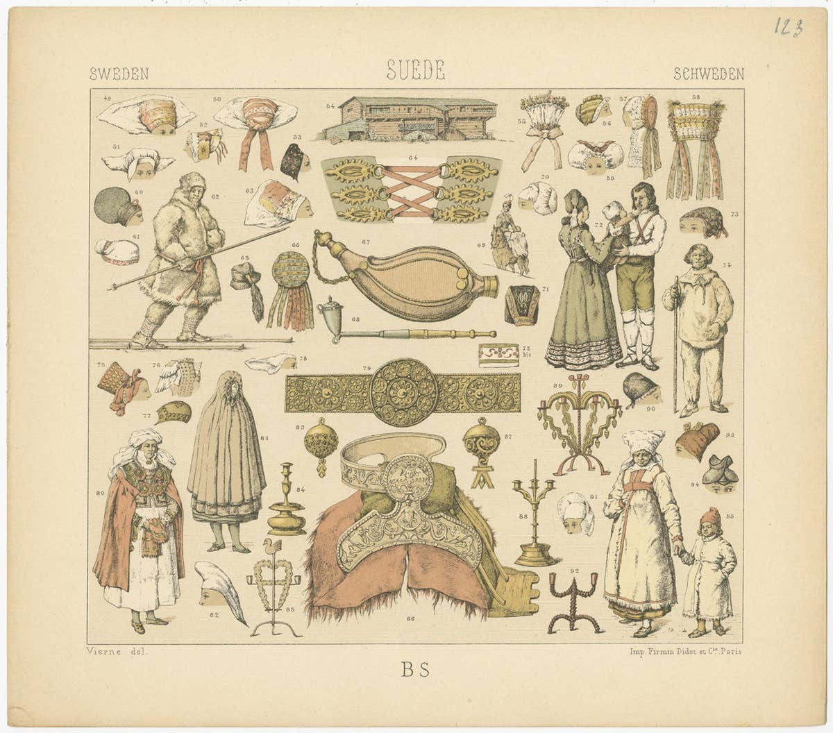 Pl. 123 Antique Print of Swedish Objects of Racinet, 'circa 1880'