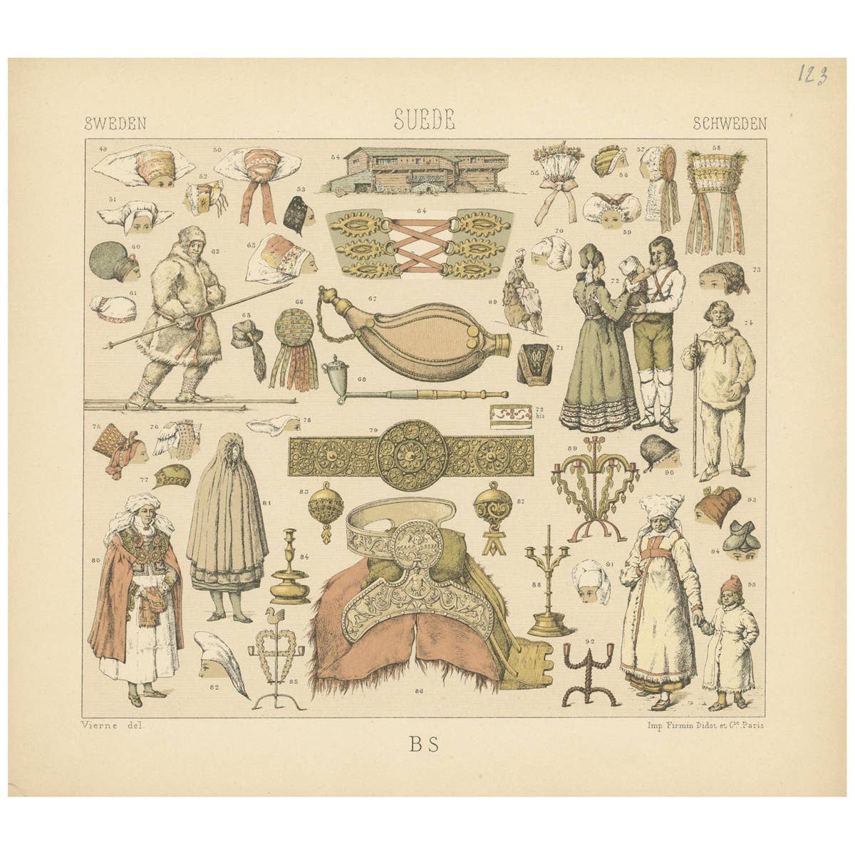 Pl. 123 Antique Print of Swedish Objects of Racinet, 'circa 1880'