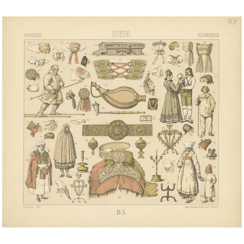 Pl. 123 Antique Print of Swedish Objects of Racinet, 'circa 1880'
