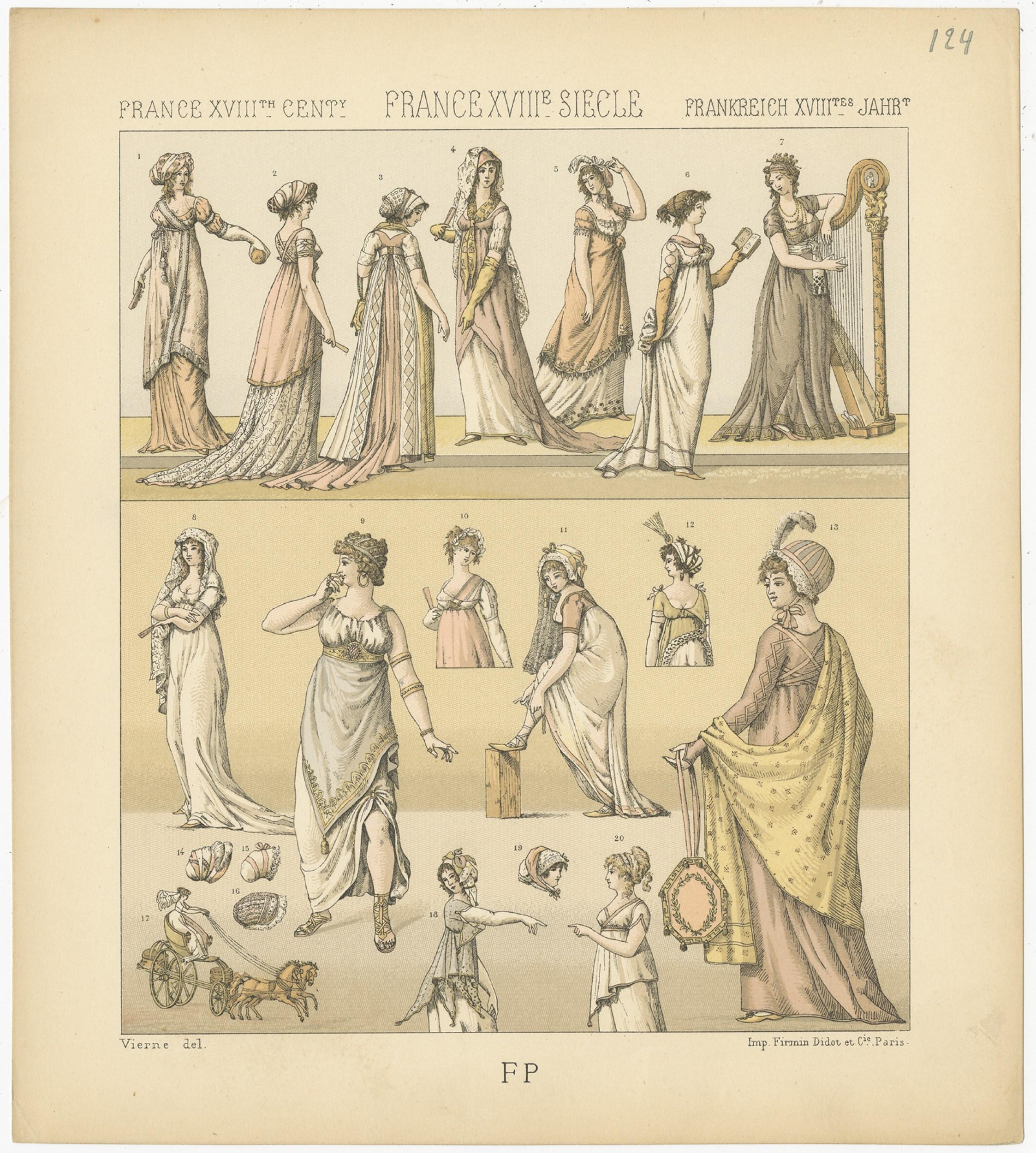 Antique print titled 'France XVIIIth Cent - France XVIIIe, Siecle - Frankreich XVIIItes Jahr'. Chromolithograph of French 18th century women's costumes. This print originates from 'Le Costume Historique' by M.A. Racinet. Published, circa 1880.
  