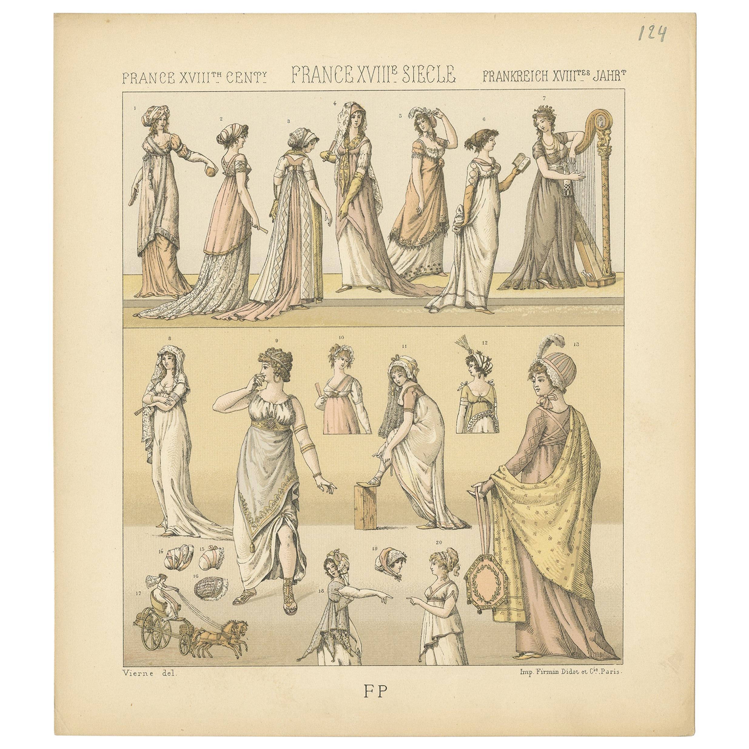 Pl. 124 Antique Print of French 18th Century Women's Costumes by Racinet For Sale