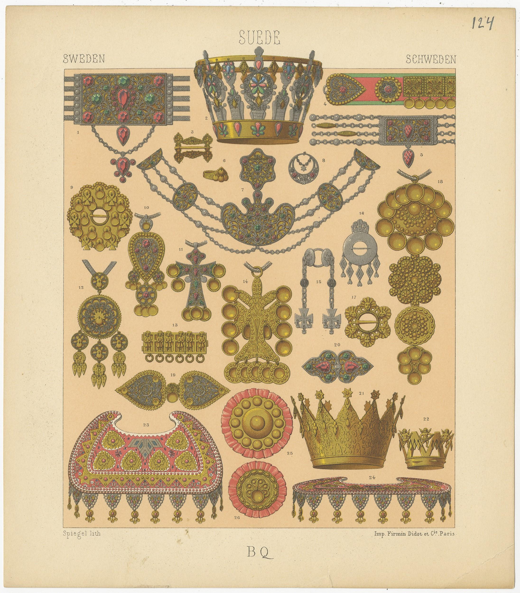 Antique print titled 'Sweden - Suede - Schweden'. Chromolithograph of Swedish Jewelry. This print originates from 'Le Costume Historique' by M.A. Racinet. Published, circa 1880.
