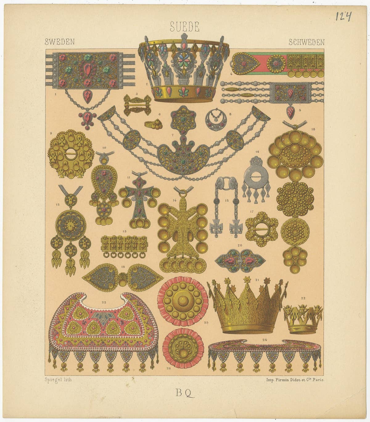 Pl. 124 Antique Print of Swedish Jewelry of Racinet, 'circa 1880'