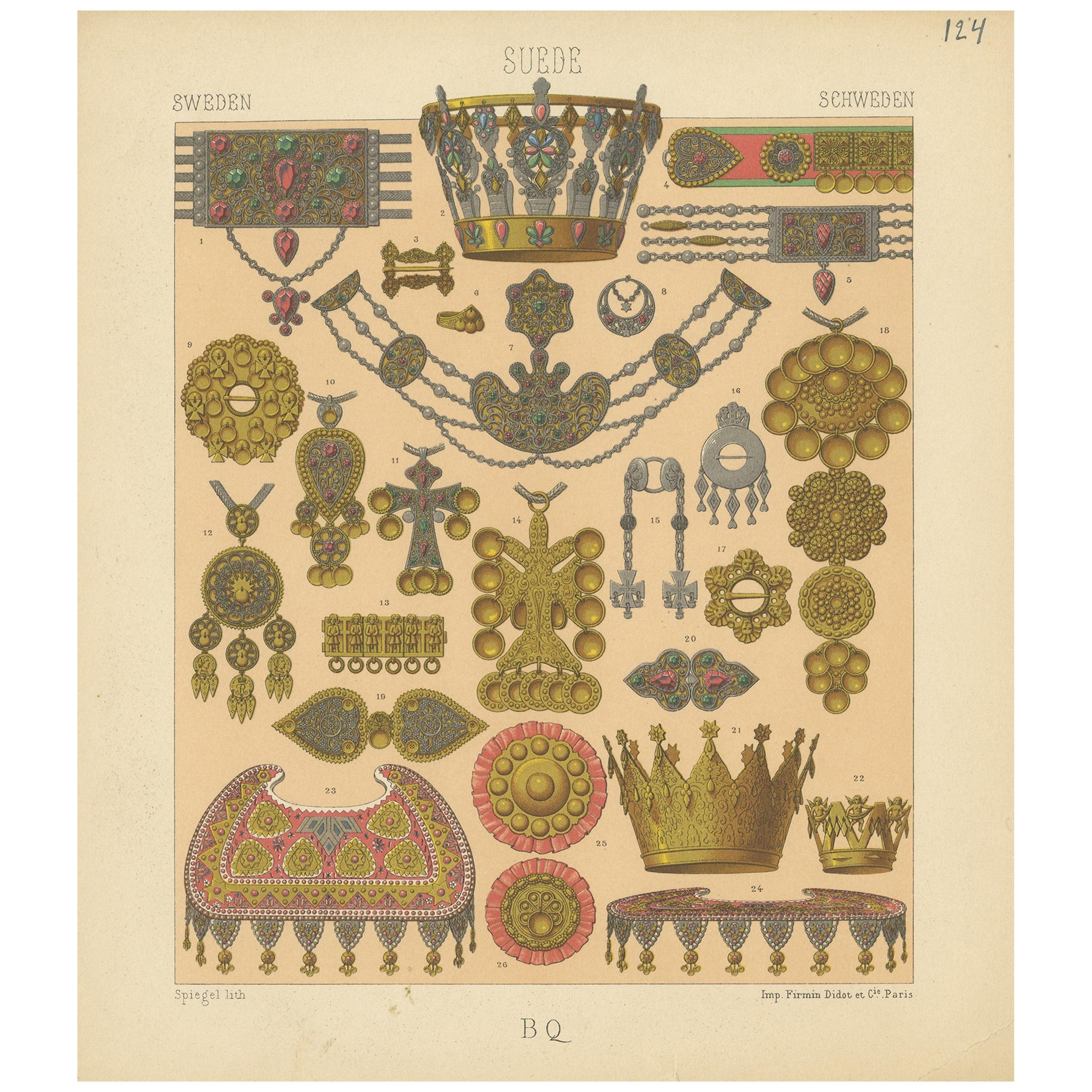 Pl. 124 Antique Print of Swedish Jewelry of Racinet, 'circa 1880' For Sale