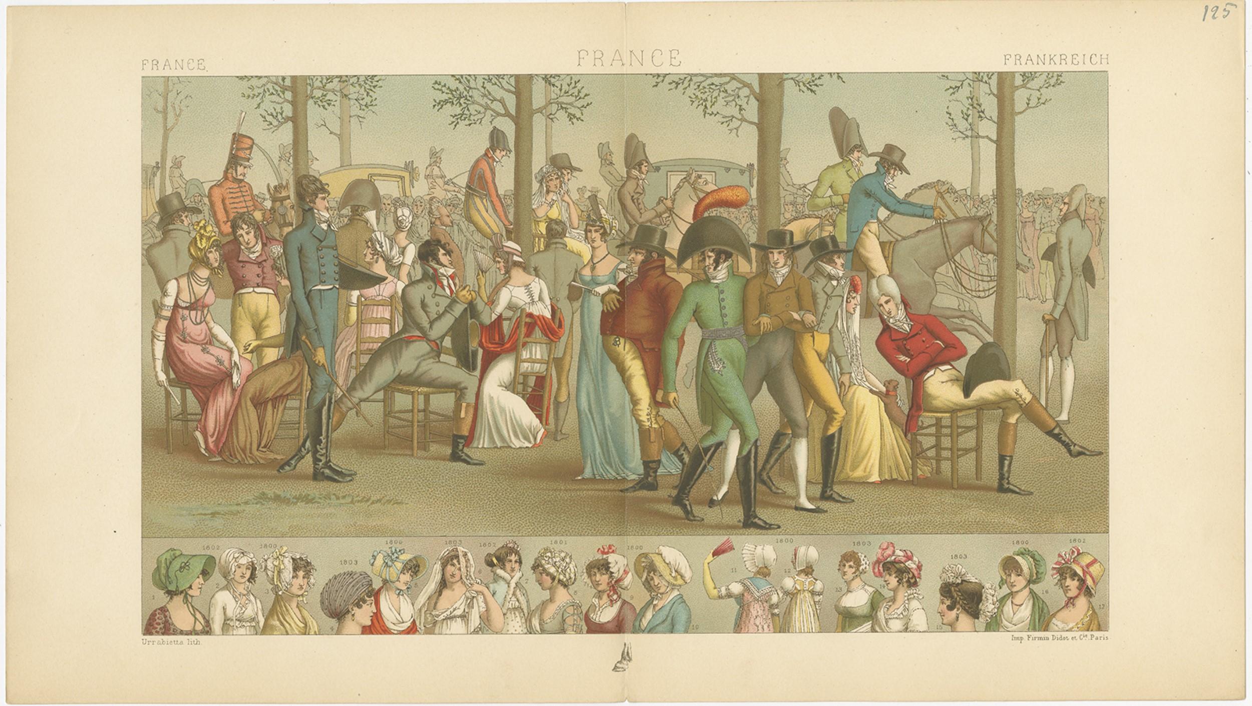 Antique print titled 'France - France - Frankreich'. Chromolithograph of French Scene. This print originates from 'Le Costume Historique' by M.A. Racinet. Published, circa 1880.

  