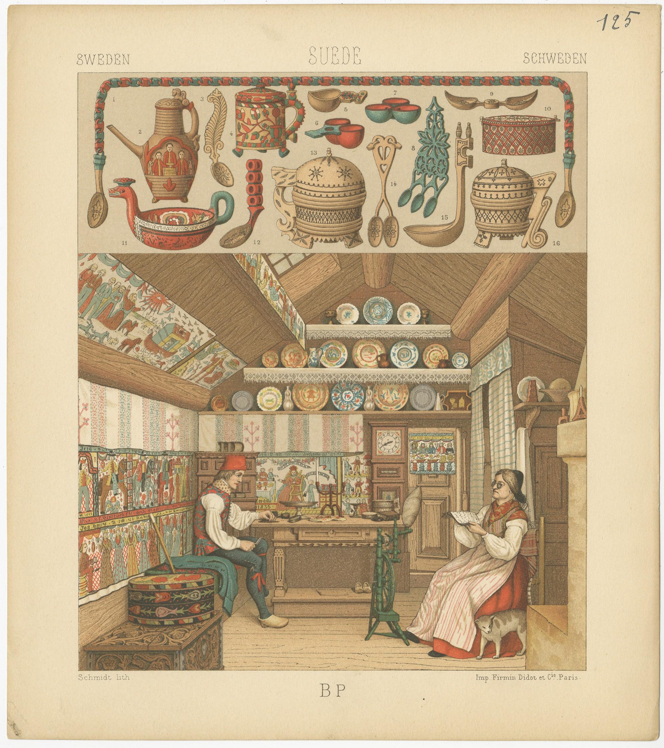 Antique print titled 'Sweden - Suede - Schweden'. Chromolithograph of Swedish interior. This print originates from 'Le Costume Historique' by M.A. Racinet. Published, circa 1880.