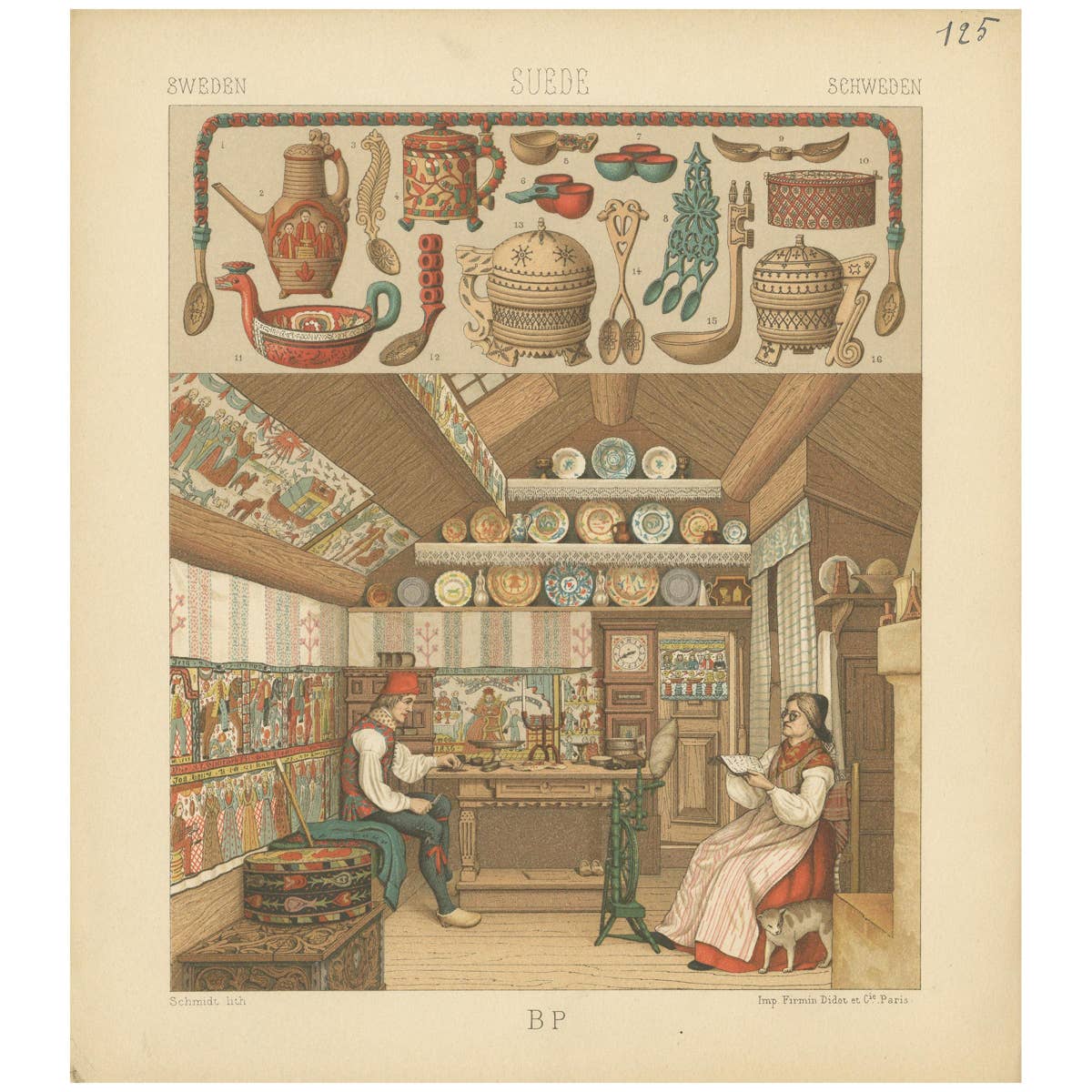 Pl. 125 Antique Print of Swedish Interior of Racinet, 'circa 1880'