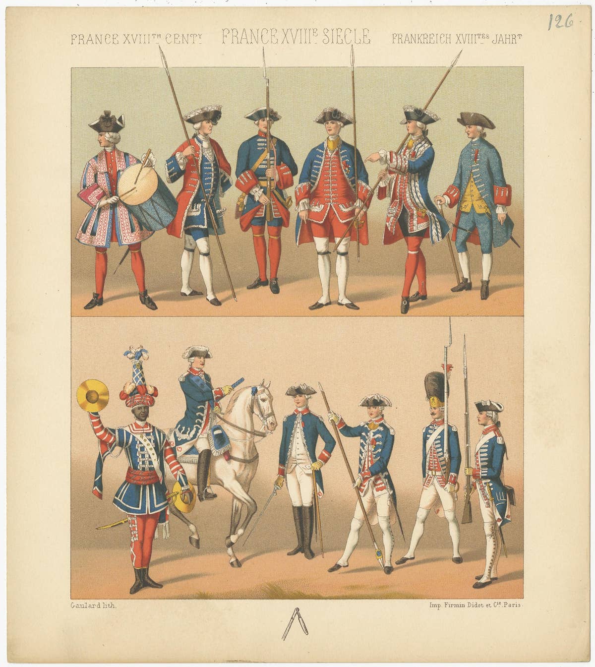 Pl. 126 Antique Print of French 18th Century Military Outfits by Racinet