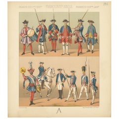 Pl. 126 Antique Print of French 18th Century Military Outfits by Racinet
