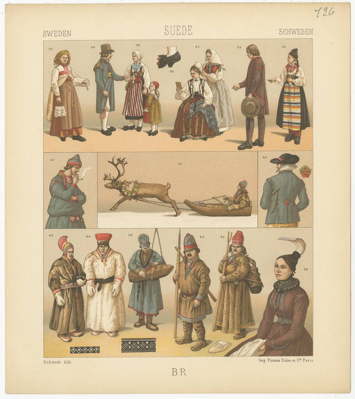 Pl. 126 Antique Print of Swedish Costumes of Racinet, 'circa 1880'