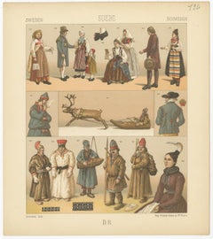 Pl. 126 Antique Print of Swedish Costumes of Racinet, 'circa 1880'