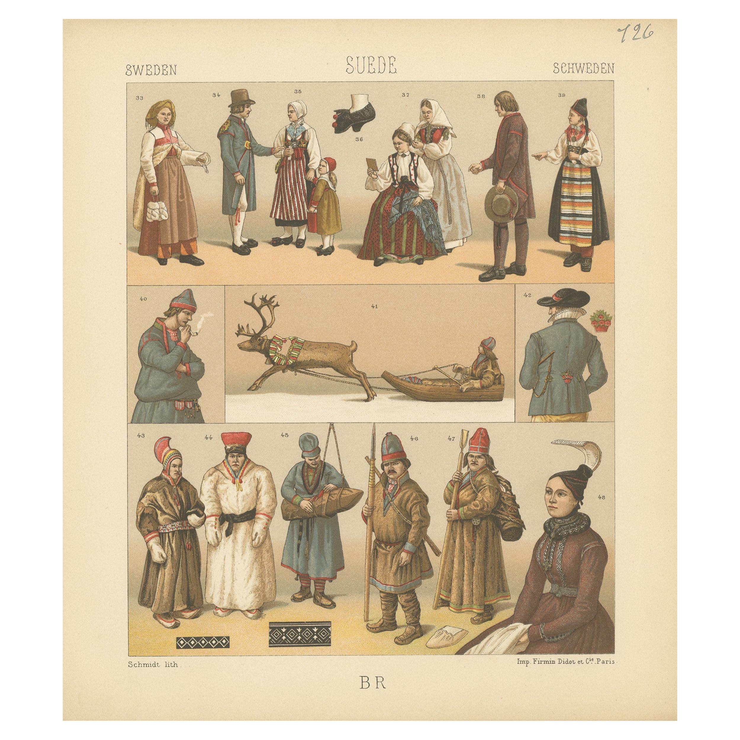 Pl. 126 Antique Print of Swedish Costumes of Racinet, 'circa 1880'