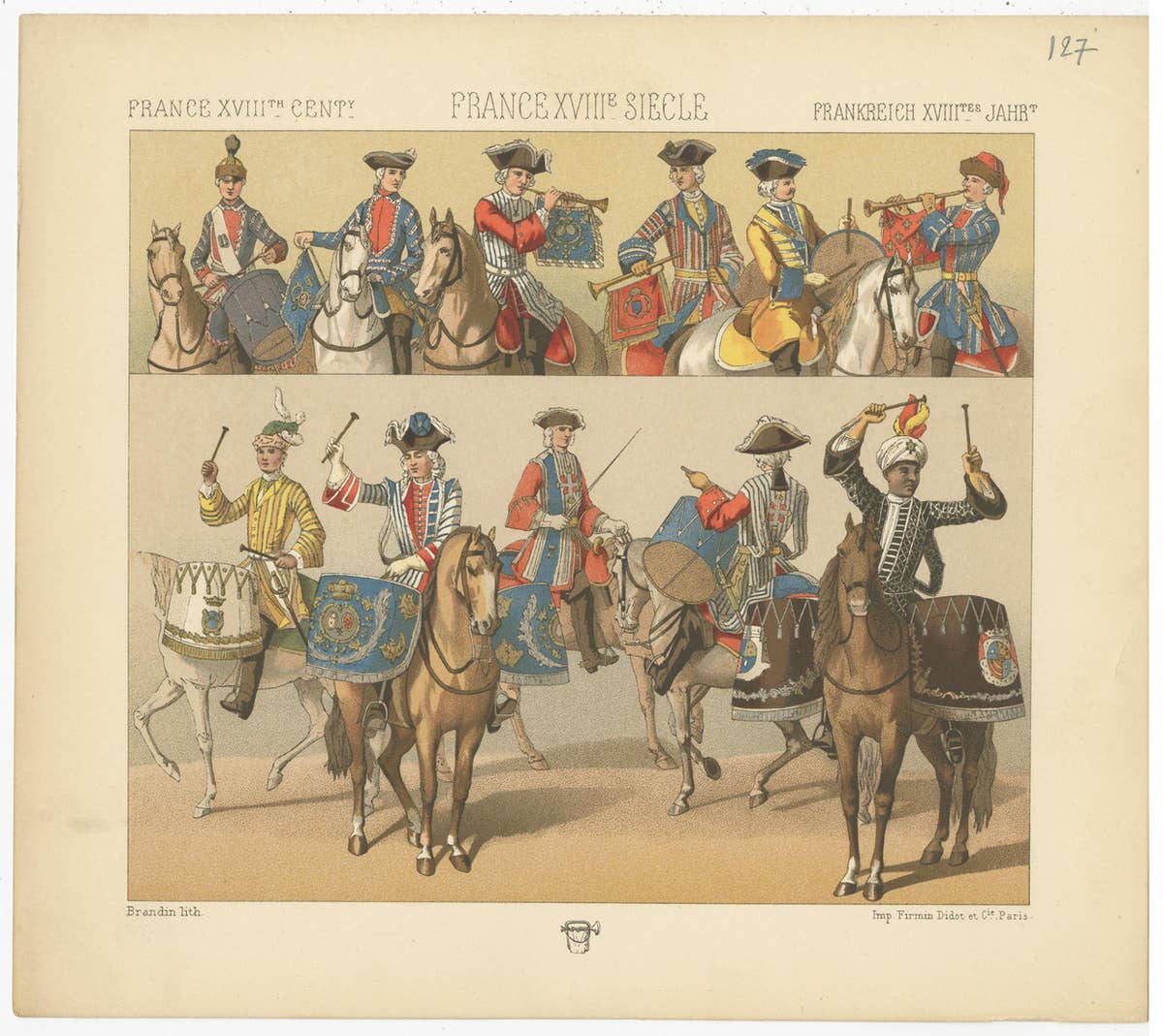 Pl. 127 Antique Print of French 18th Century Military Music by Racinet
