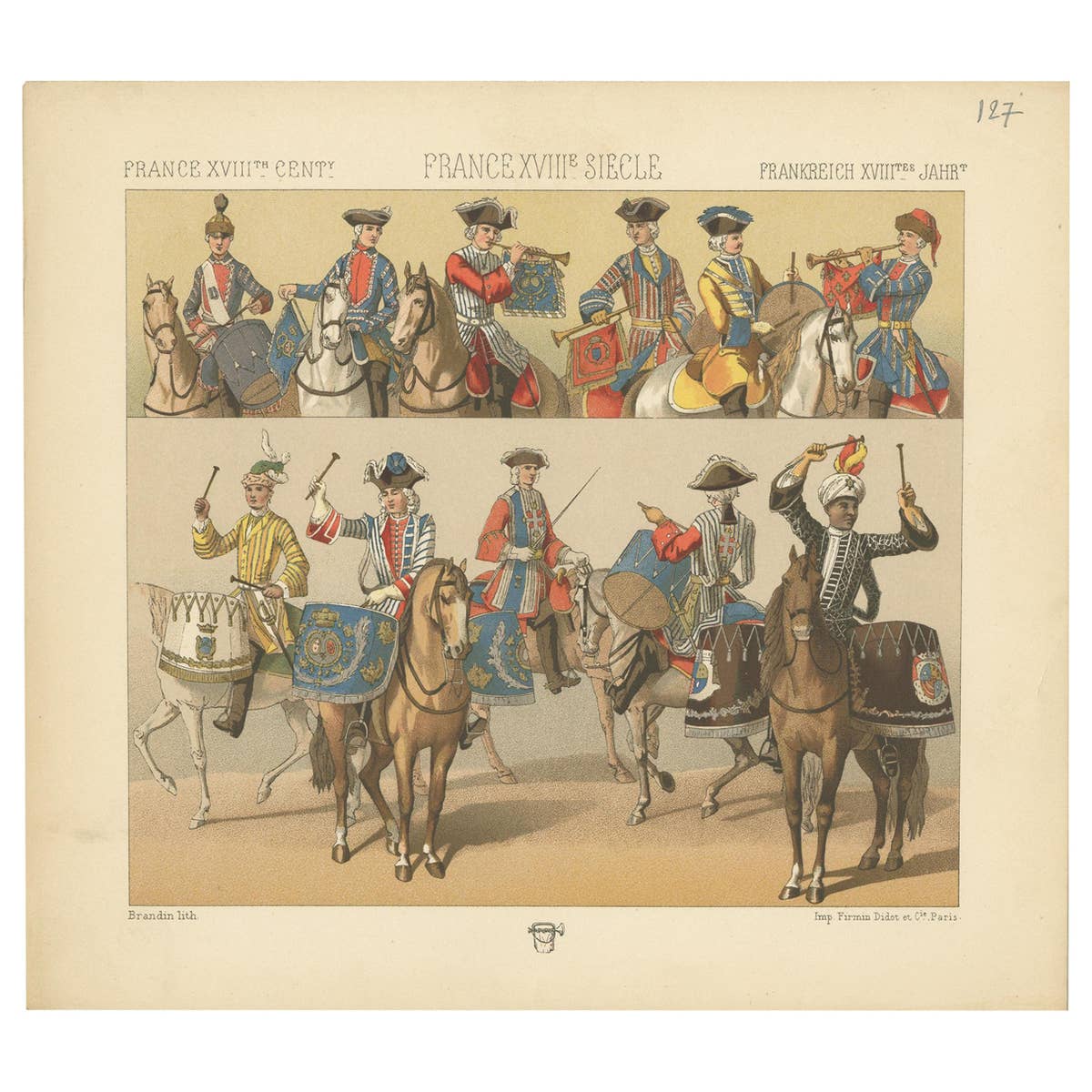 Pl. 127 Antique Print of French 18th Century Military Music by Racinet