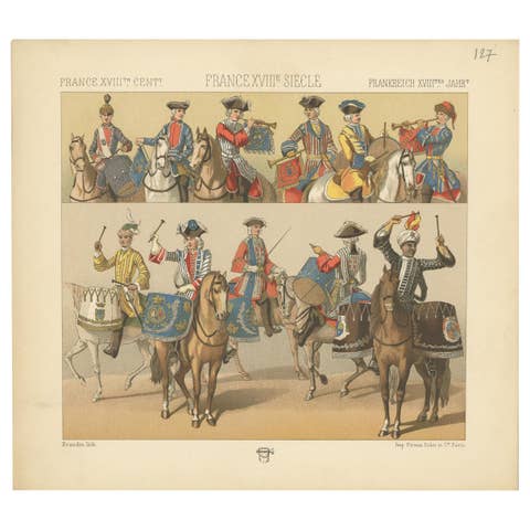 Pl. 127 Antique Print of French 18th Century Military Music by Racinet